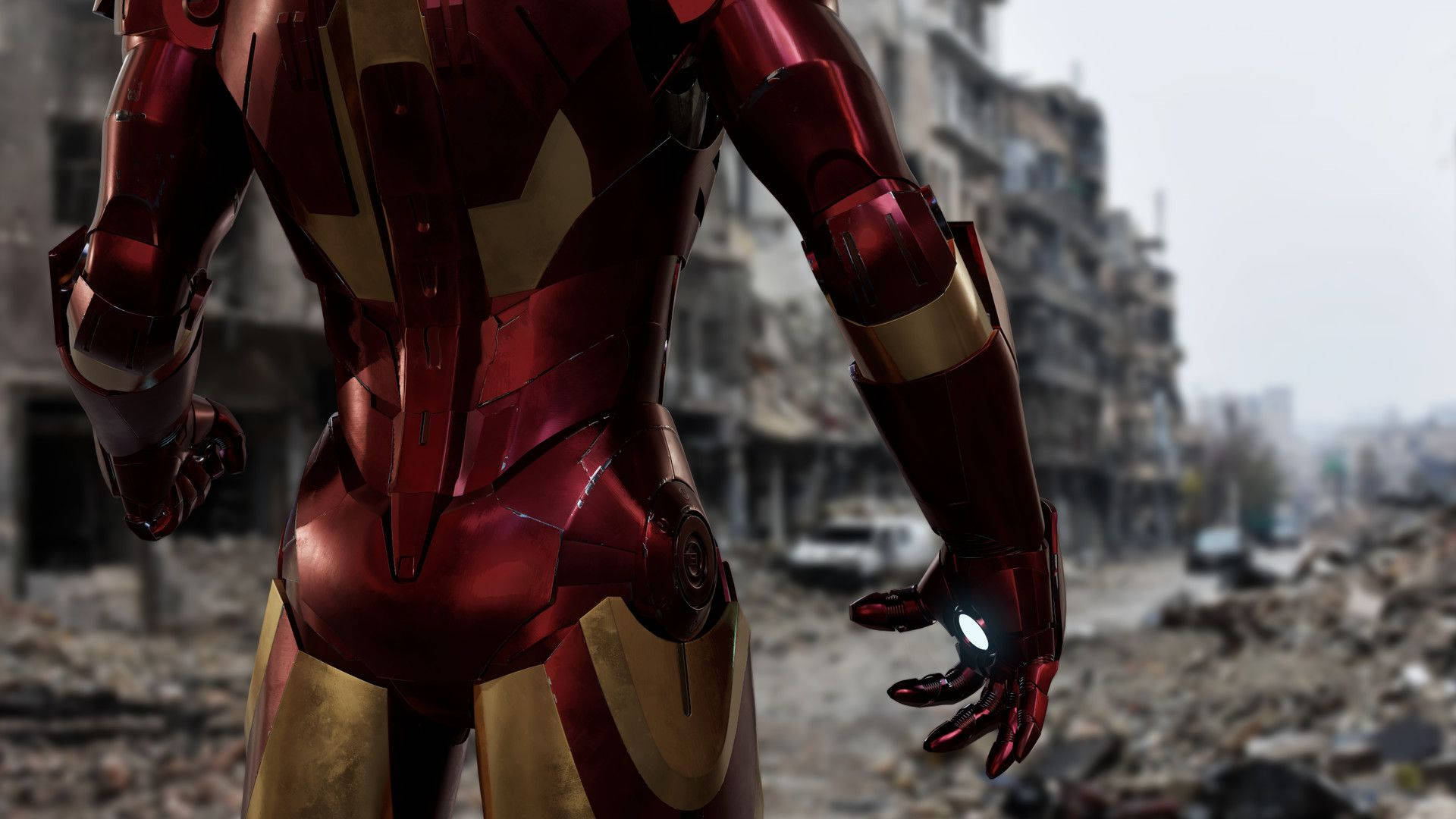 Iron Man Mark 3, glowing palm repulsor, ruined cityscape, Full HD Desktop Wallpaper