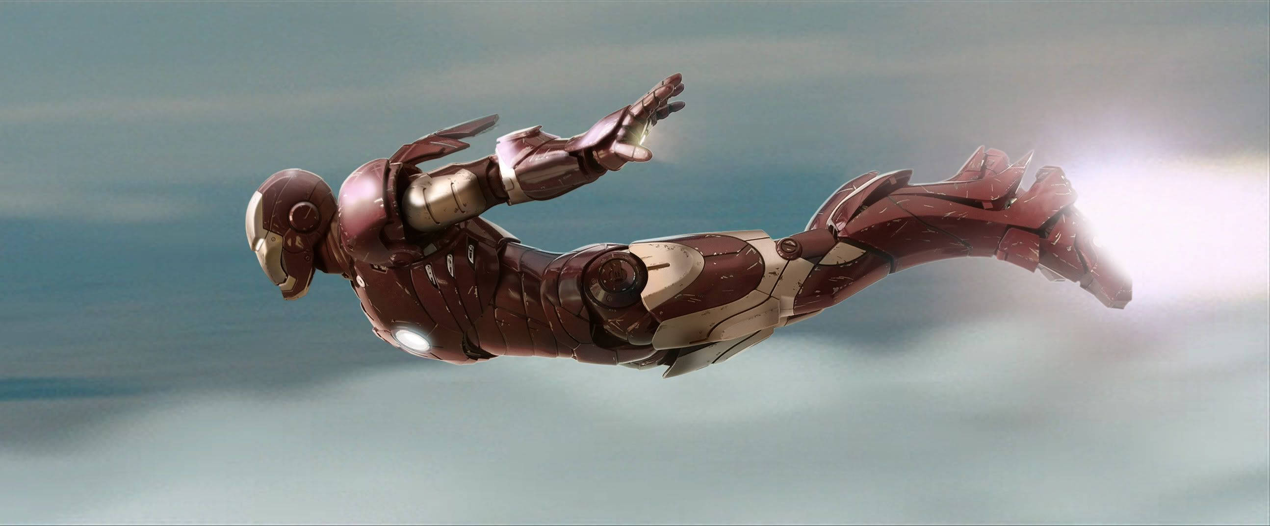 Iron Man Mark 3, repulsor jets, cloudy skies, 2K Desktop Wallpaper