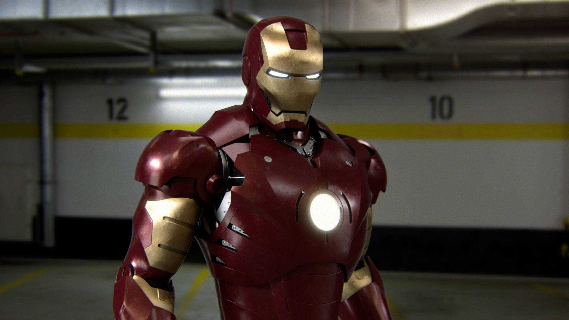 Iron Man Mark 3, parking garage, glowing eyes, Full HD Desktop Wallpaper