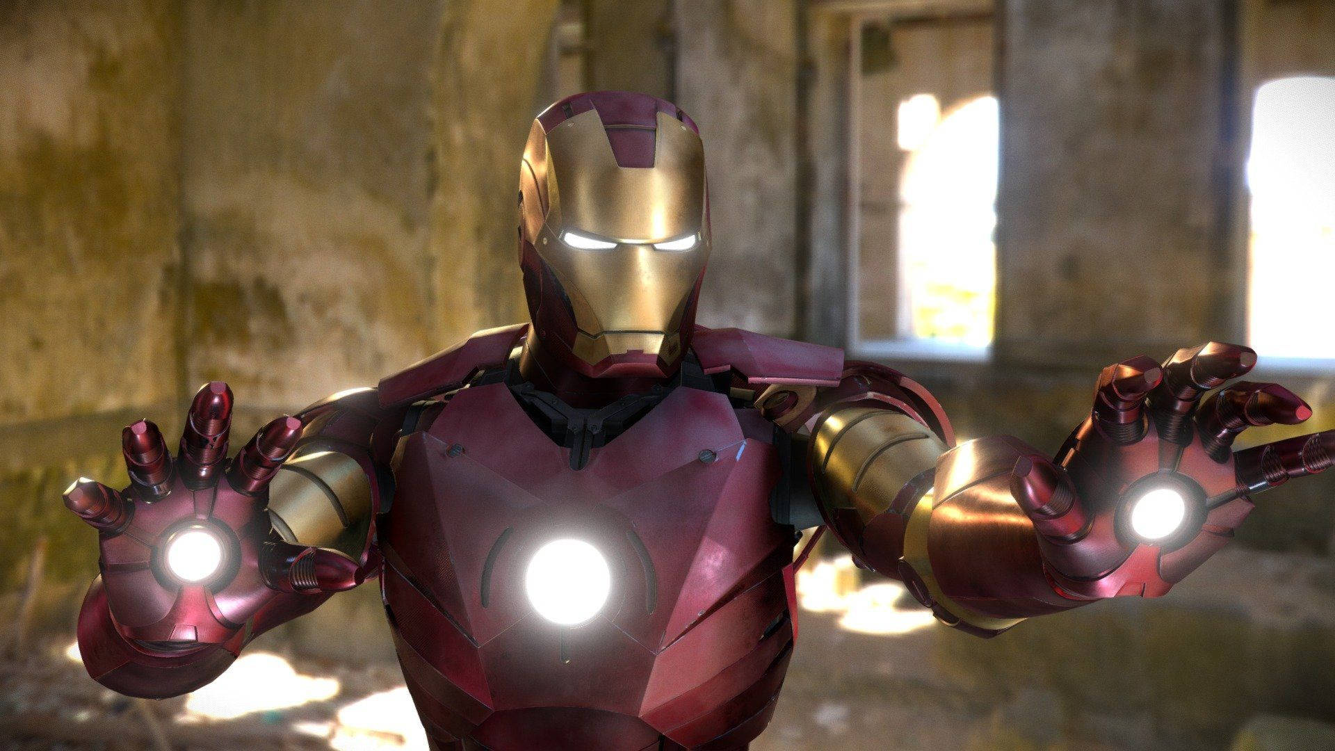 Iron Man Mark 3, glowing repulsors, ruined building, Full HD Desktop Wallpaper
