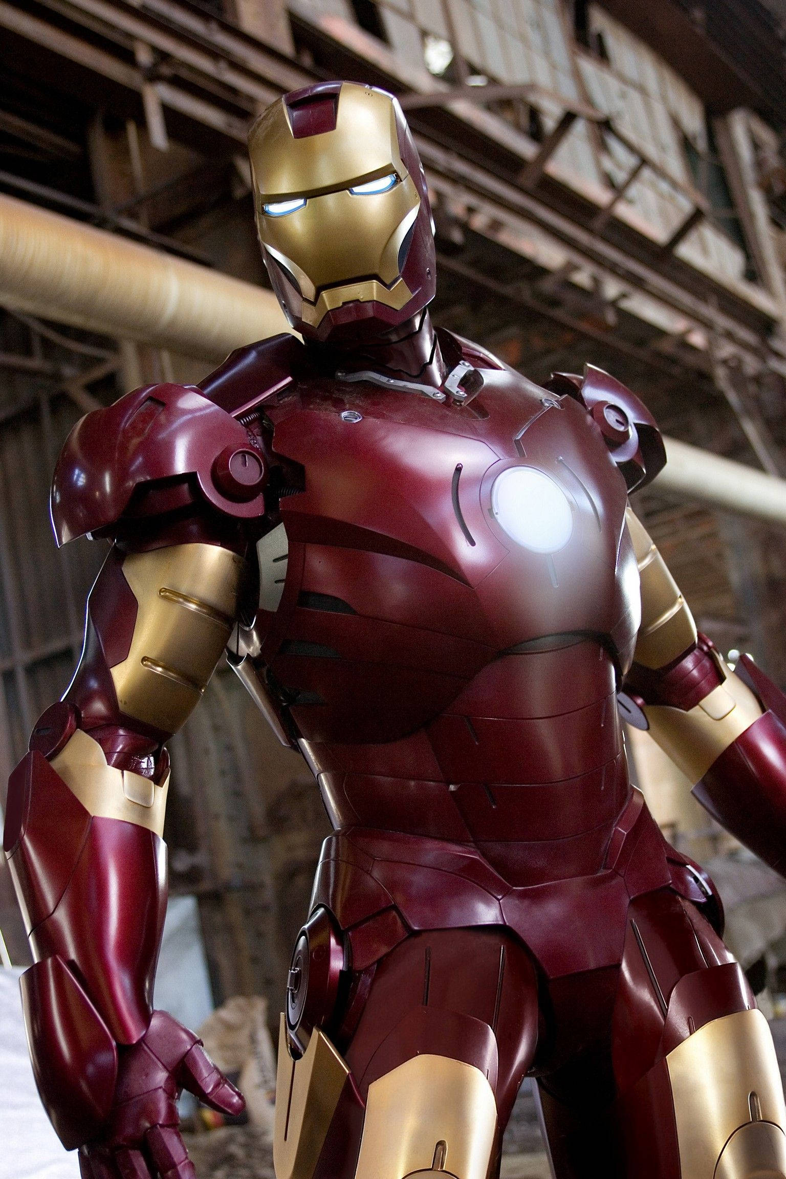 Iron Man Mark 3, industrial warehouse, glowing eyes, Full HD Phone Wallpaper