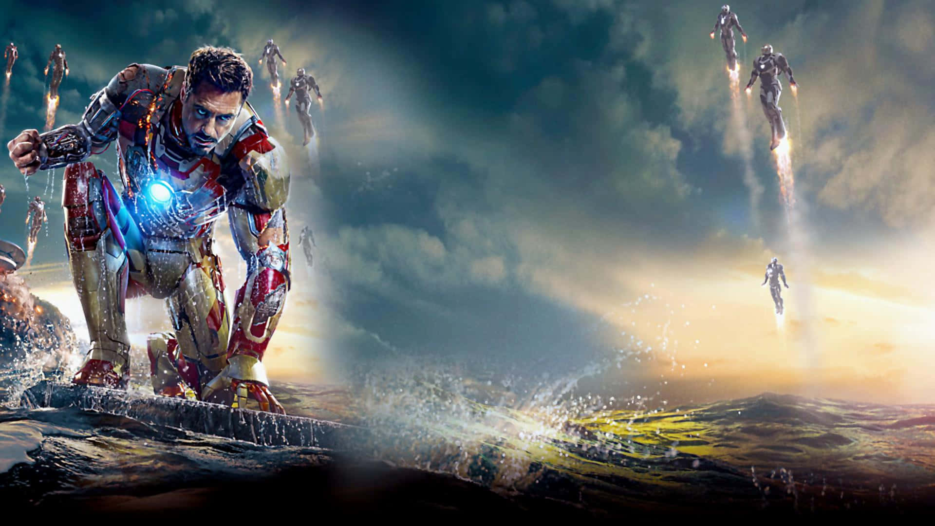 Iron Man Mark 3, rocky shore, dramatic sunset sky, Full HD Desktop Wallpaper