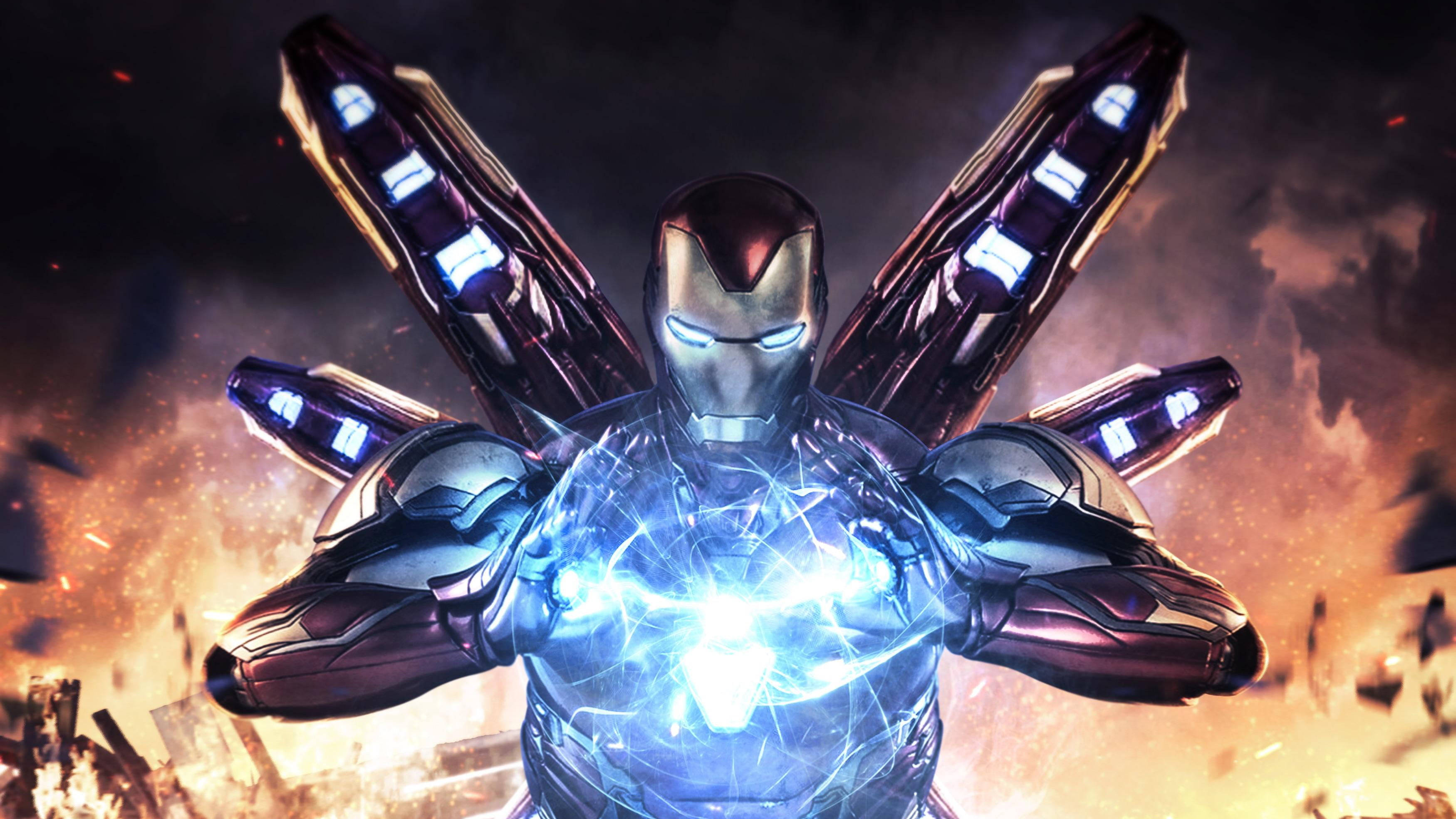 Iron Man Mark 85, blue repulsors, chest arc reactor, 2K Desktop Wallpaper