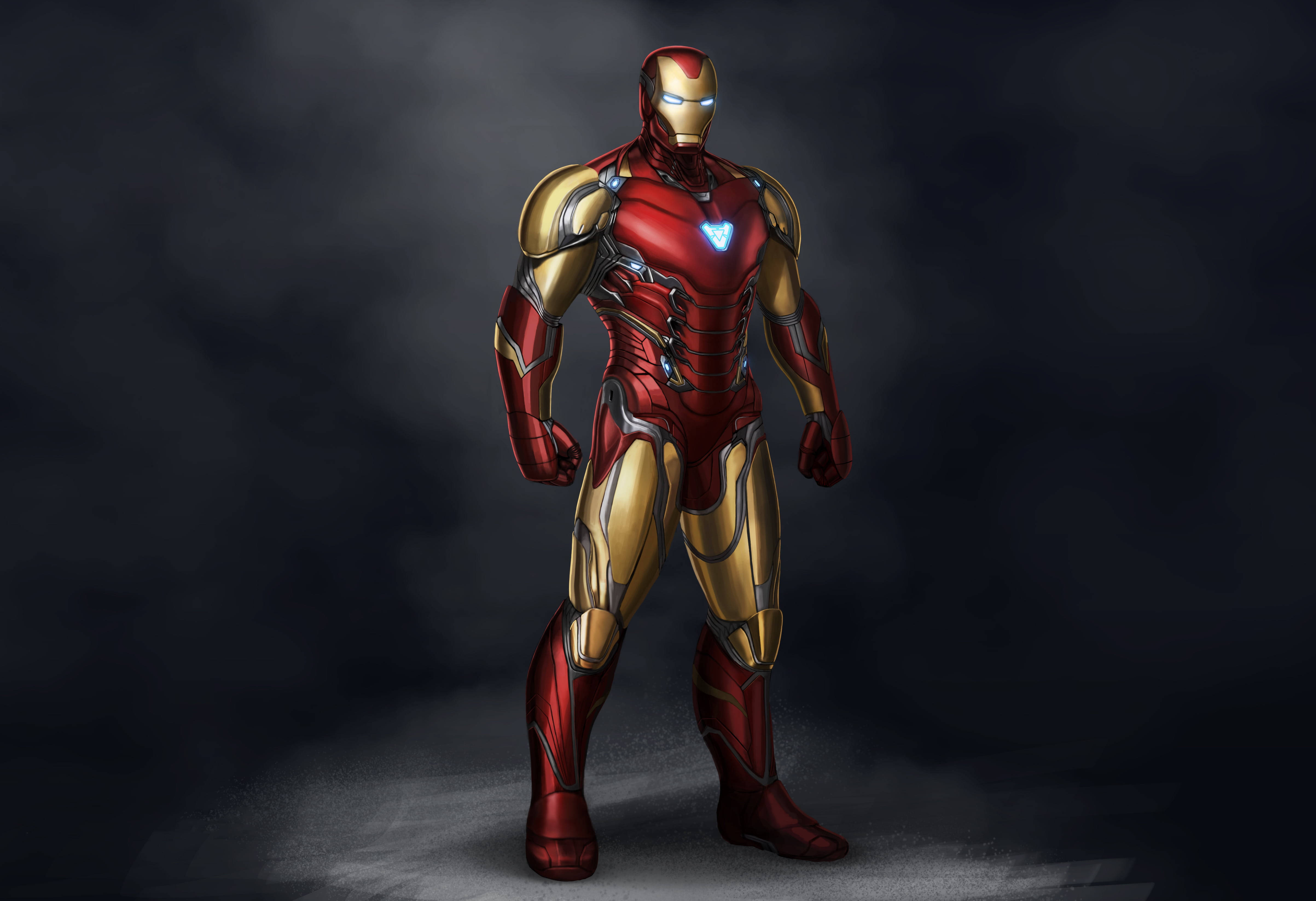 Iron Man Mark 85, heroic pose, dramatic spotlight, 4K Desktop Wallpaper