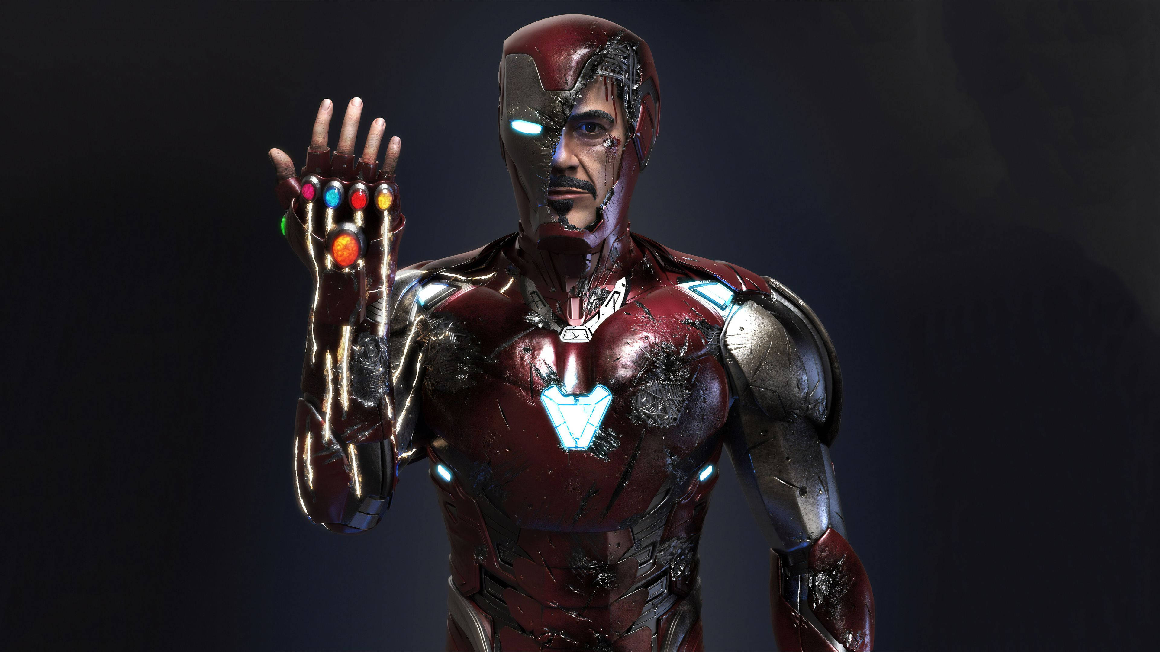 Iron Man Mark 85, red and gold armor, glowing infinity stones, 4K Desktop Wallpaper