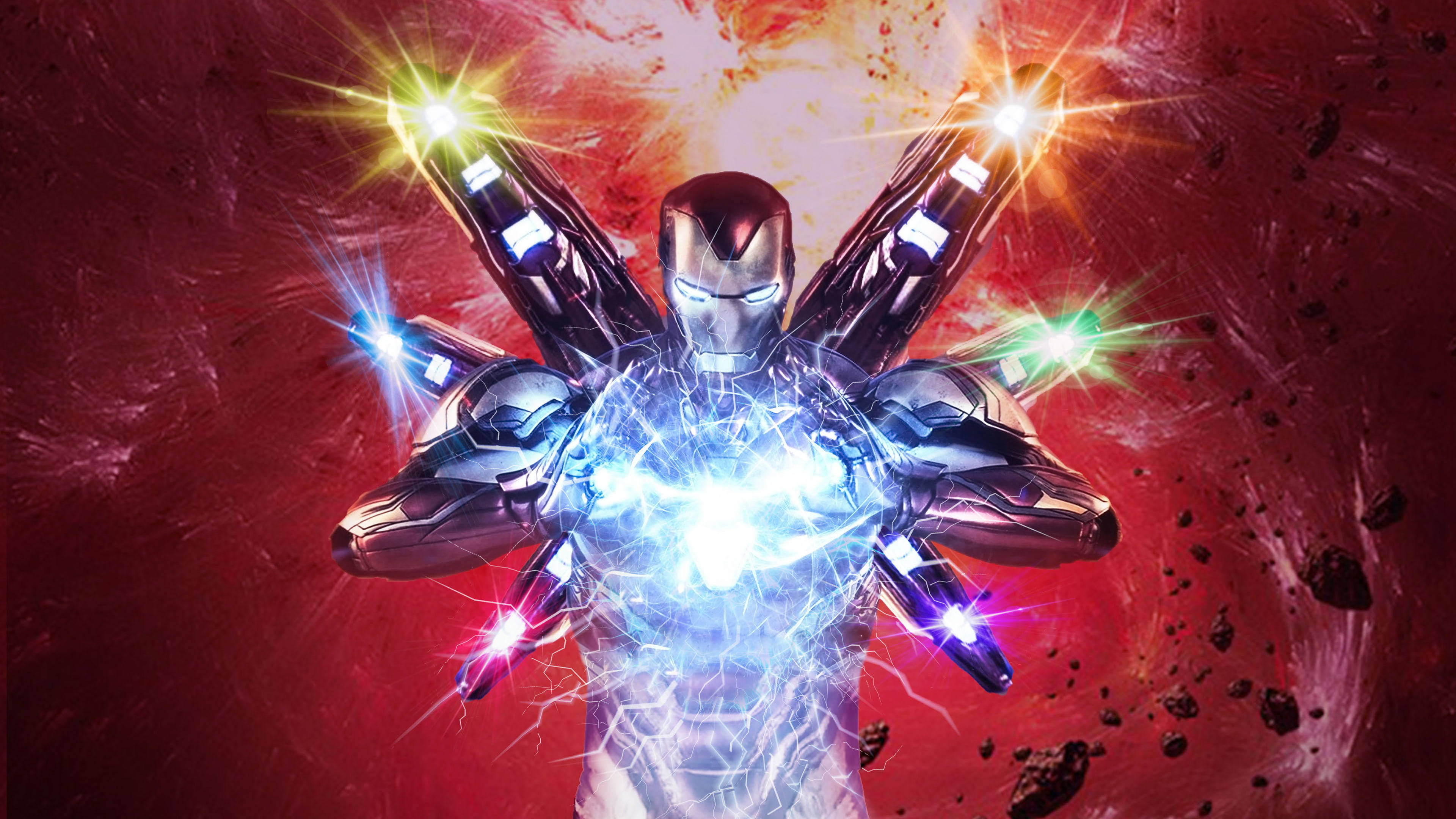 Iron Man Mark 85, repulsor beams, fiery cosmic backdrop, 4K Desktop Wallpaper