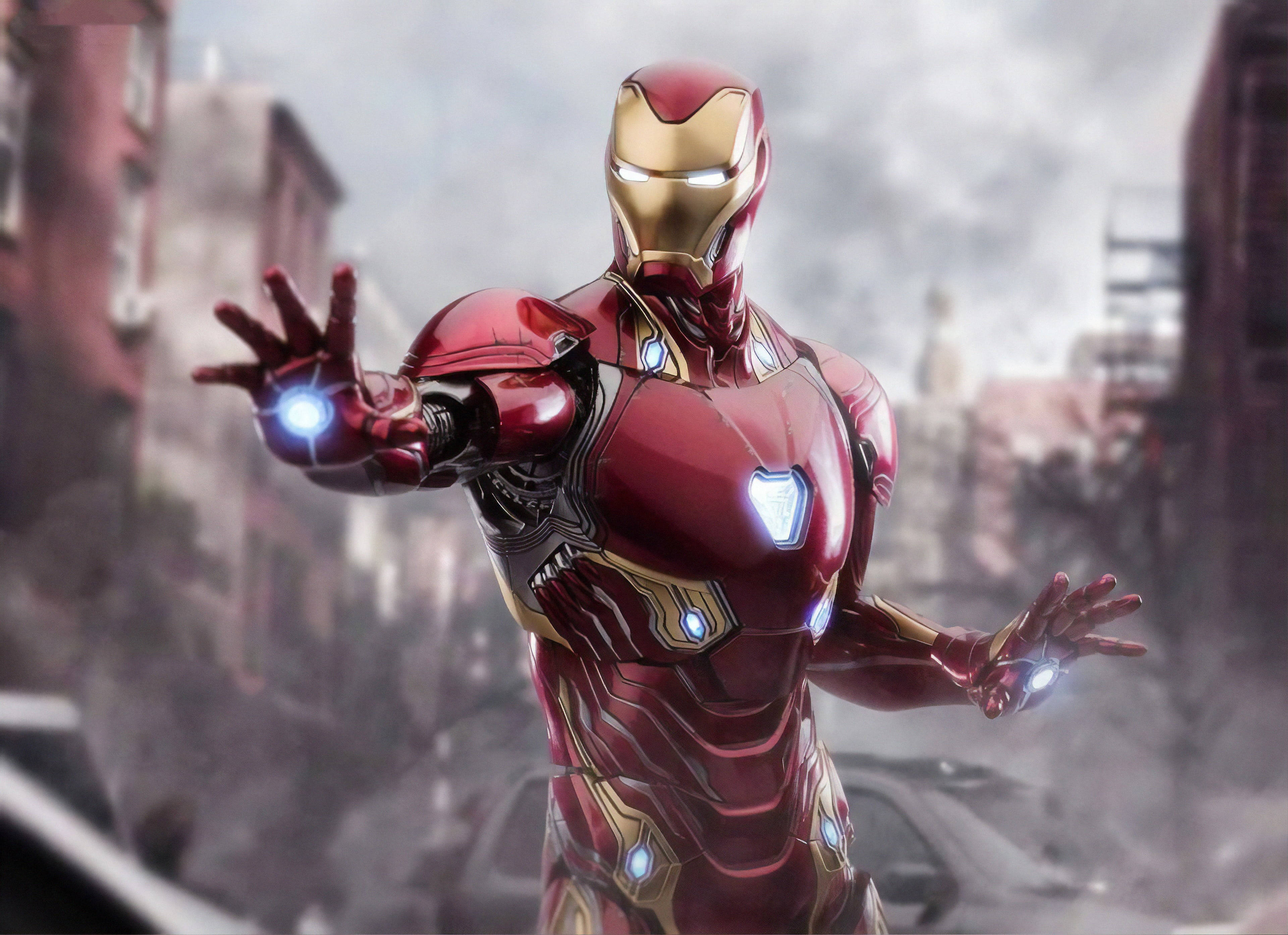 Iron Man Mark 85, red gold armor, urban ruin, 4K Desktop Wallpaper