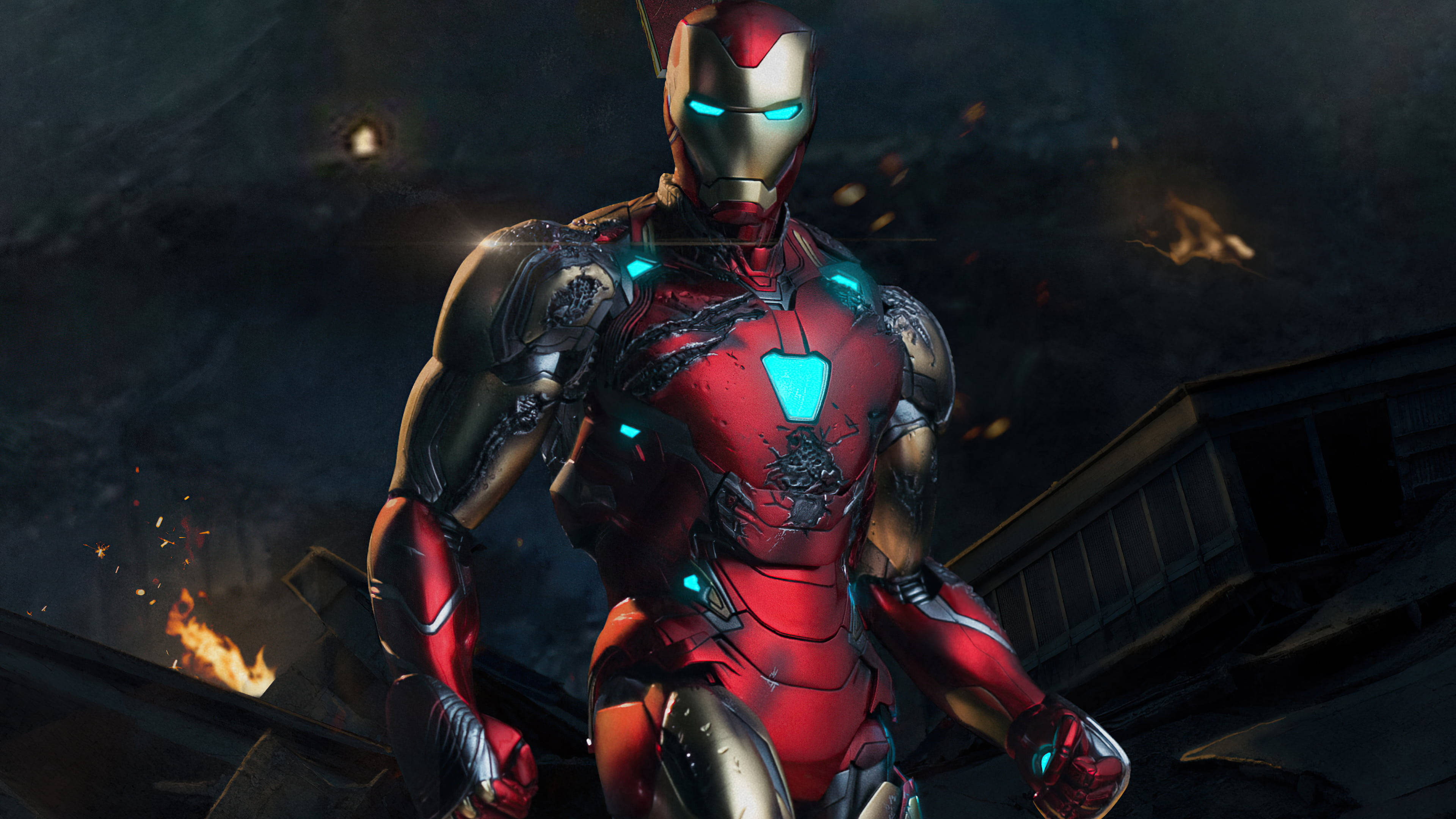 Iron Man Mark 85, red and gold suit, fiery wreckage, 4K Desktop Wallpaper