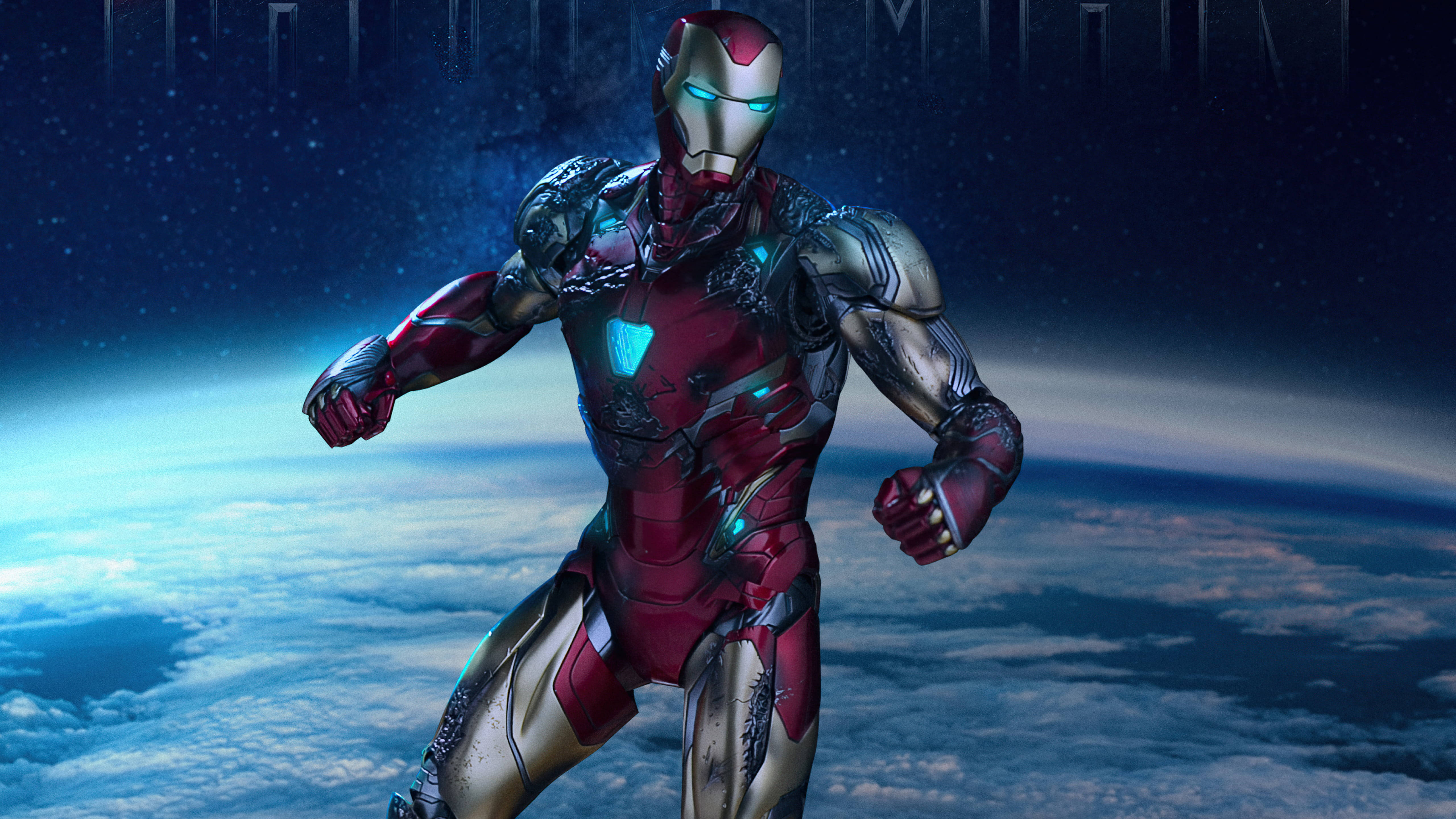 Iron Man Mark 85, Earth's cloud layer, starry night sky, 5K Desktop Wallpaper