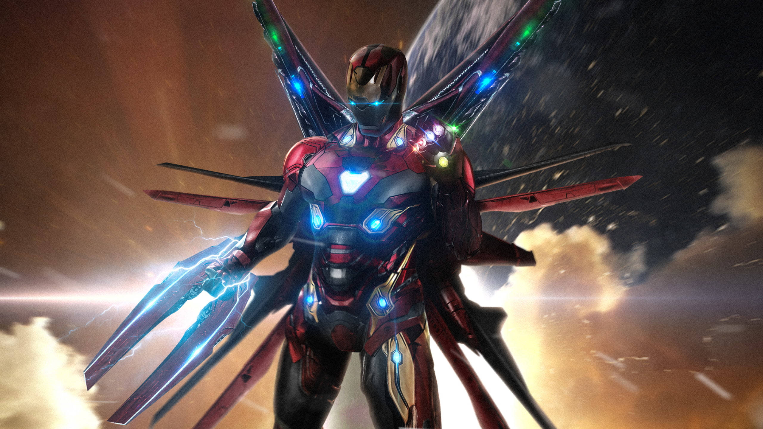 Iron Man Mark 85, red and gold armor, glowing blue lights, 2K Desktop Wallpaper