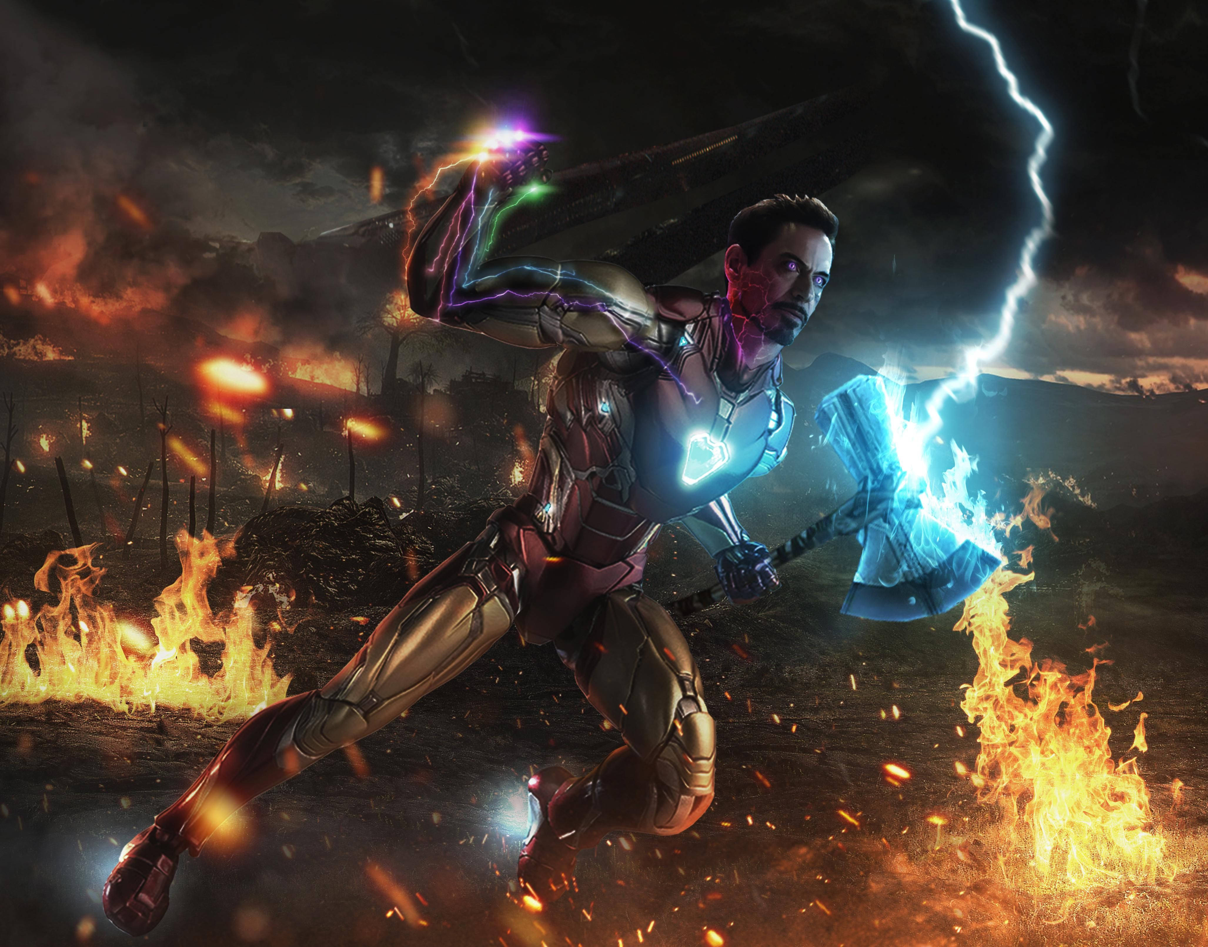 Iron Man Mark 85, battle armor, glowing hammer, 4K Desktop Wallpaper