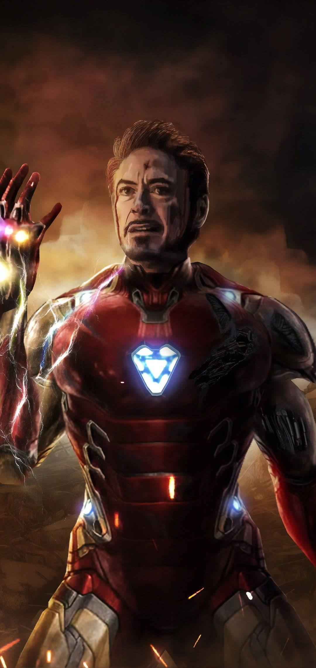 Iron Man Mark 85, red and gold armor, glowing repulsor hand, Full HD Phone Wallpaper