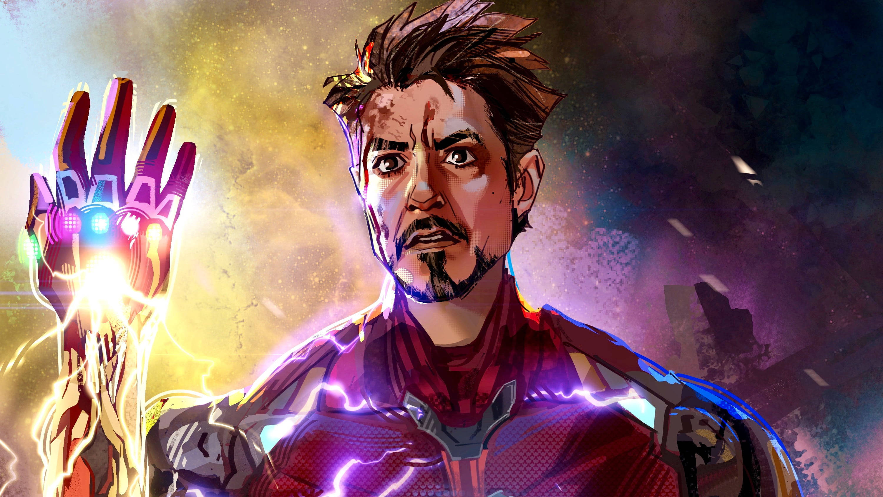 Iron Man Mark 85, red armor, glowing gauntlet, 2K Desktop Wallpaper