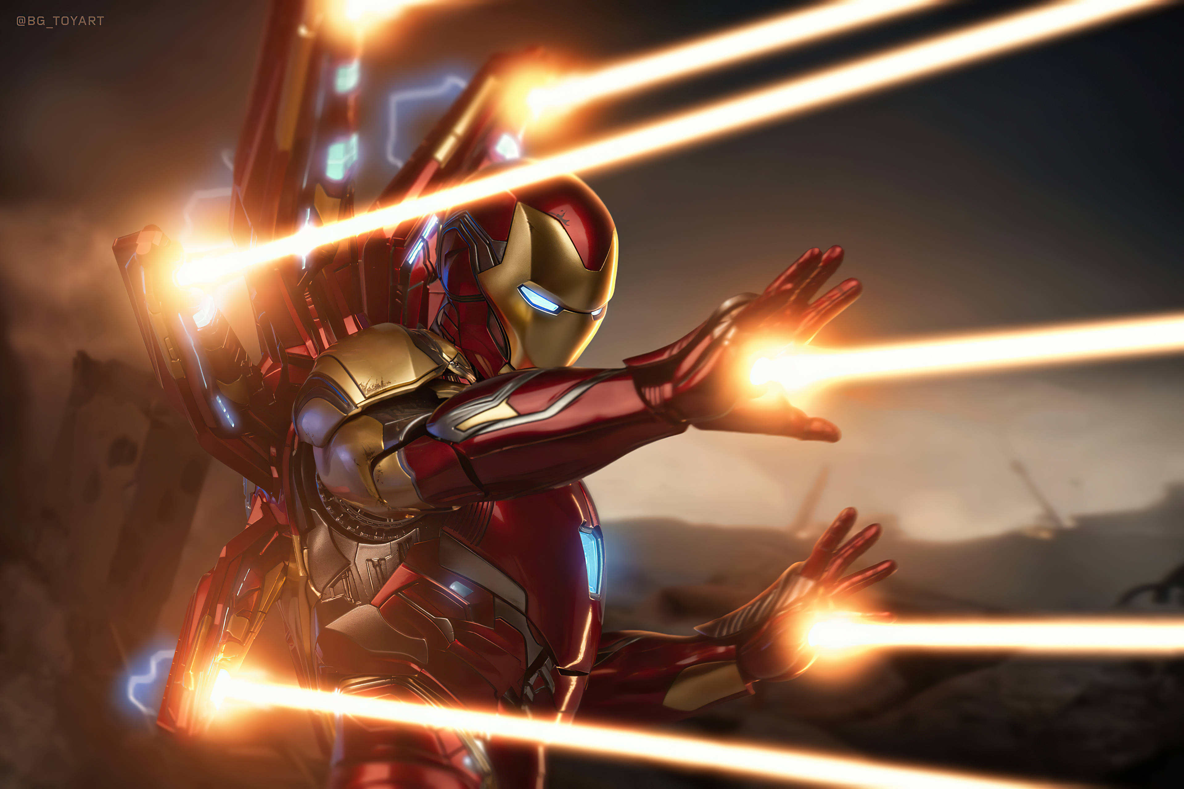 Iron Man Mark 85, red gold armor, glowing repulsor beams, 4K Desktop Wallpaper
