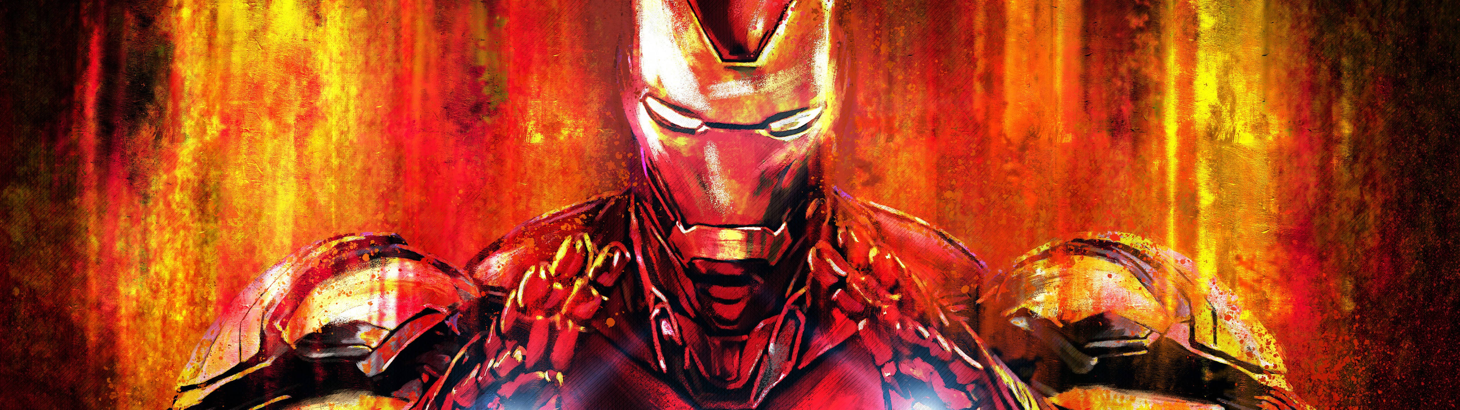 Iron Man, molten orange and red background, glowing eyes, 5K Desktop Wallpaper