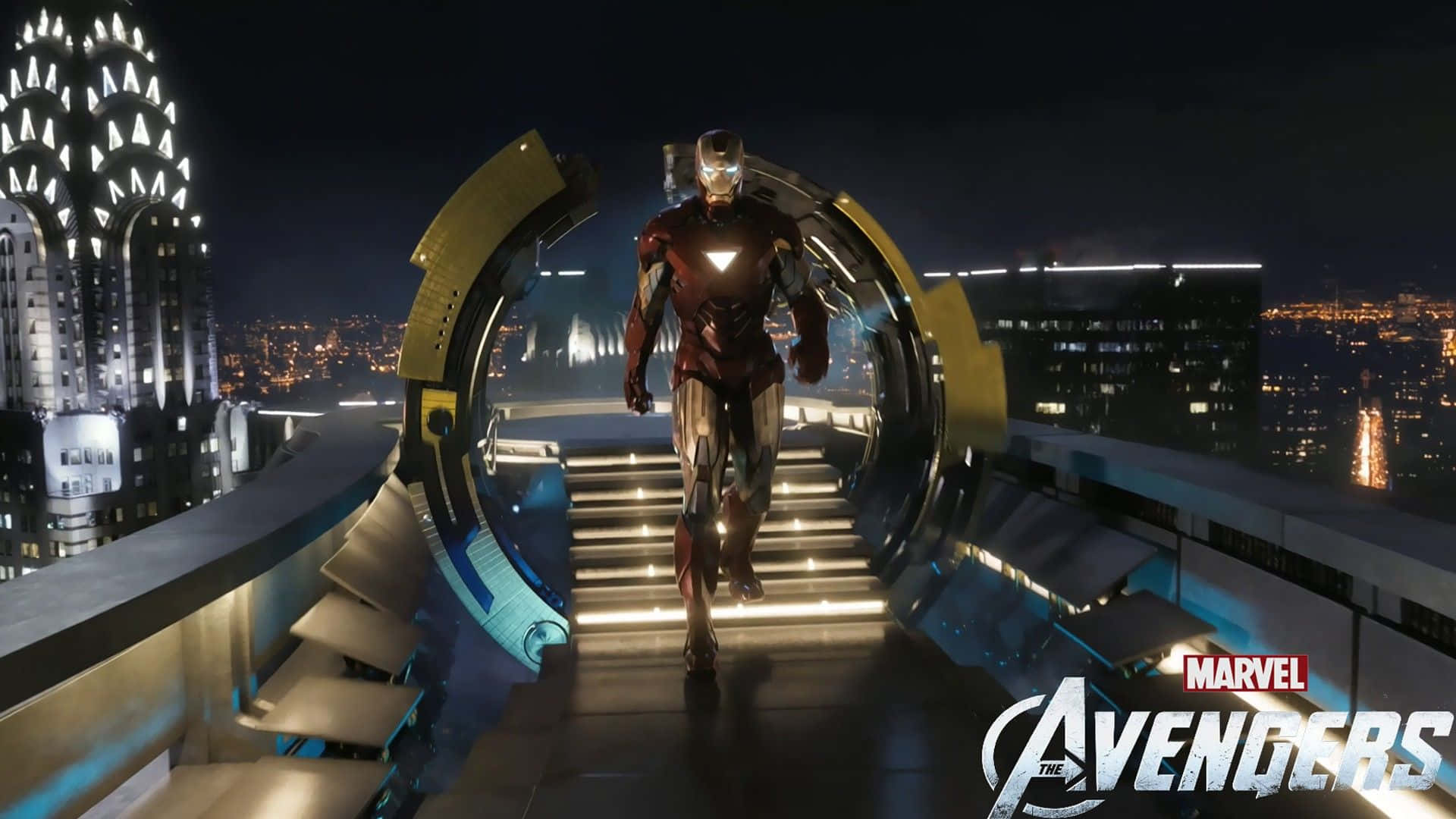 Iron Man, neon-lit cityscape, night, Full HD Desktop Wallpaper