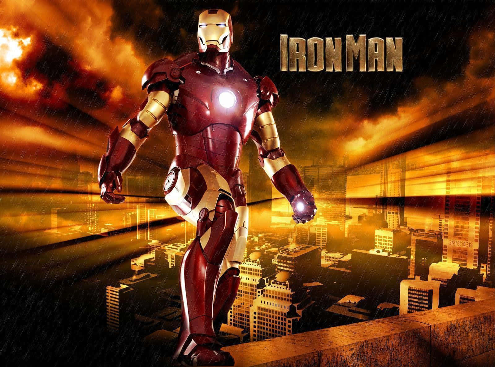 Iron Man, cityscape, fiery orange sky, HD Desktop Wallpaper