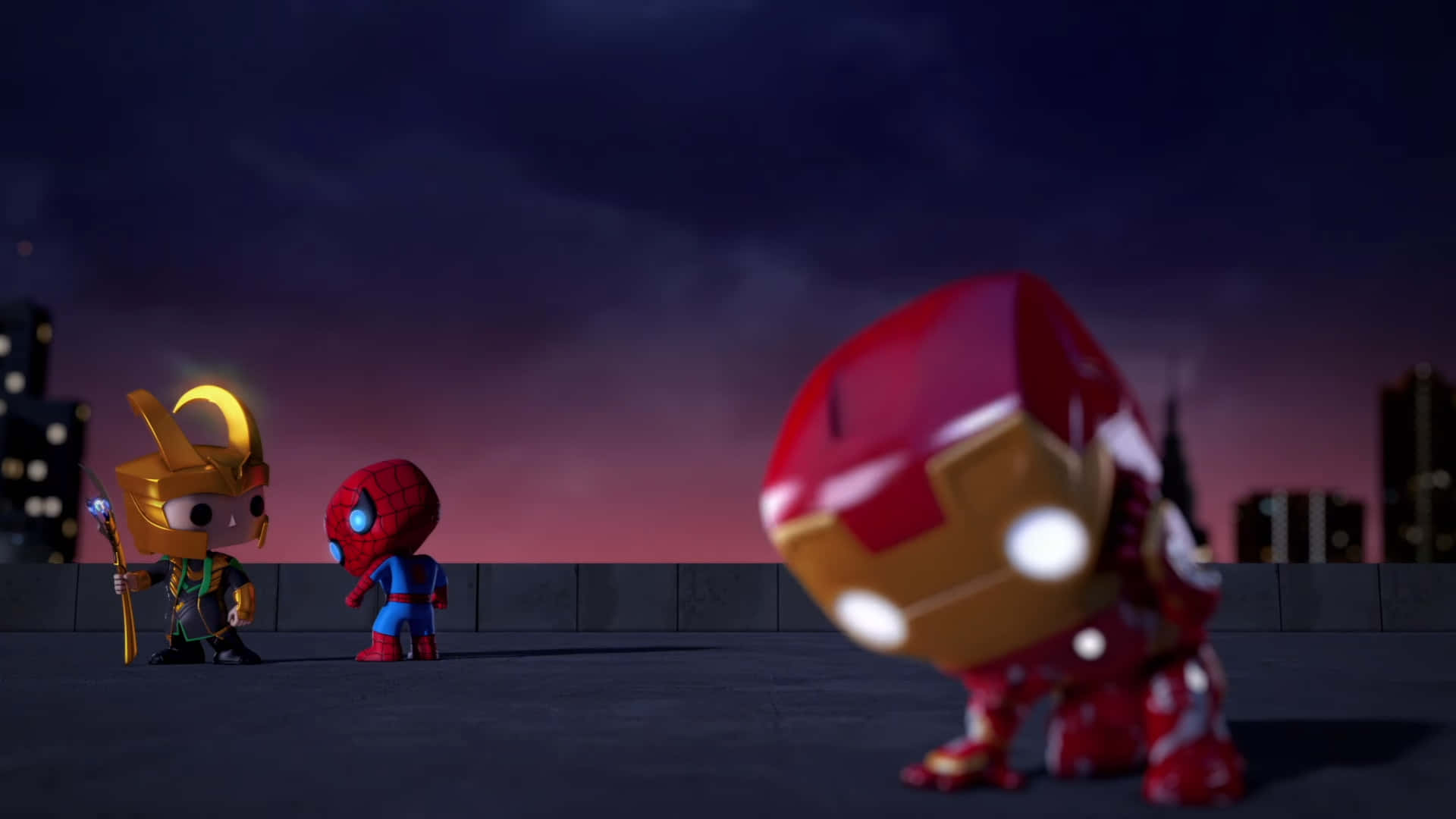 Iron Man Pop Figures, chibi-style, rooftop, Full HD Desktop Wallpaper