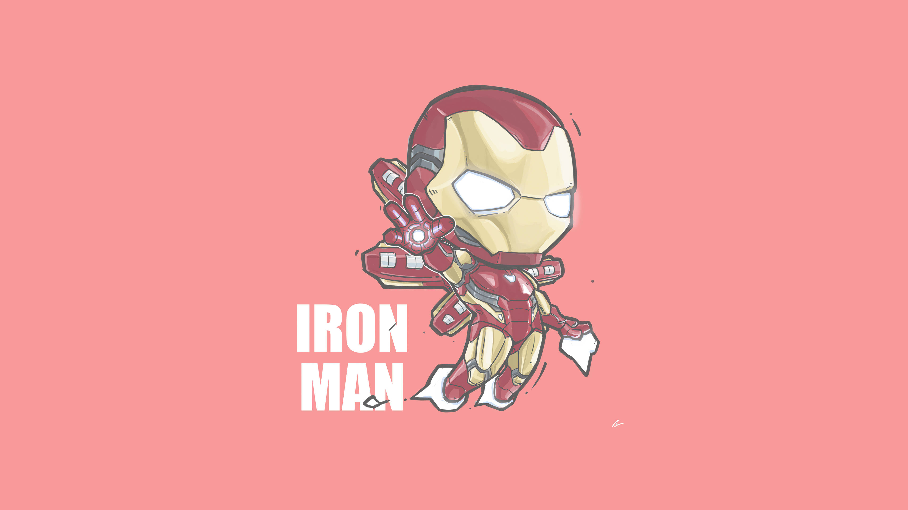 Iron Man, red and gold armor, chibi-style, 4K Desktop Wallpaper