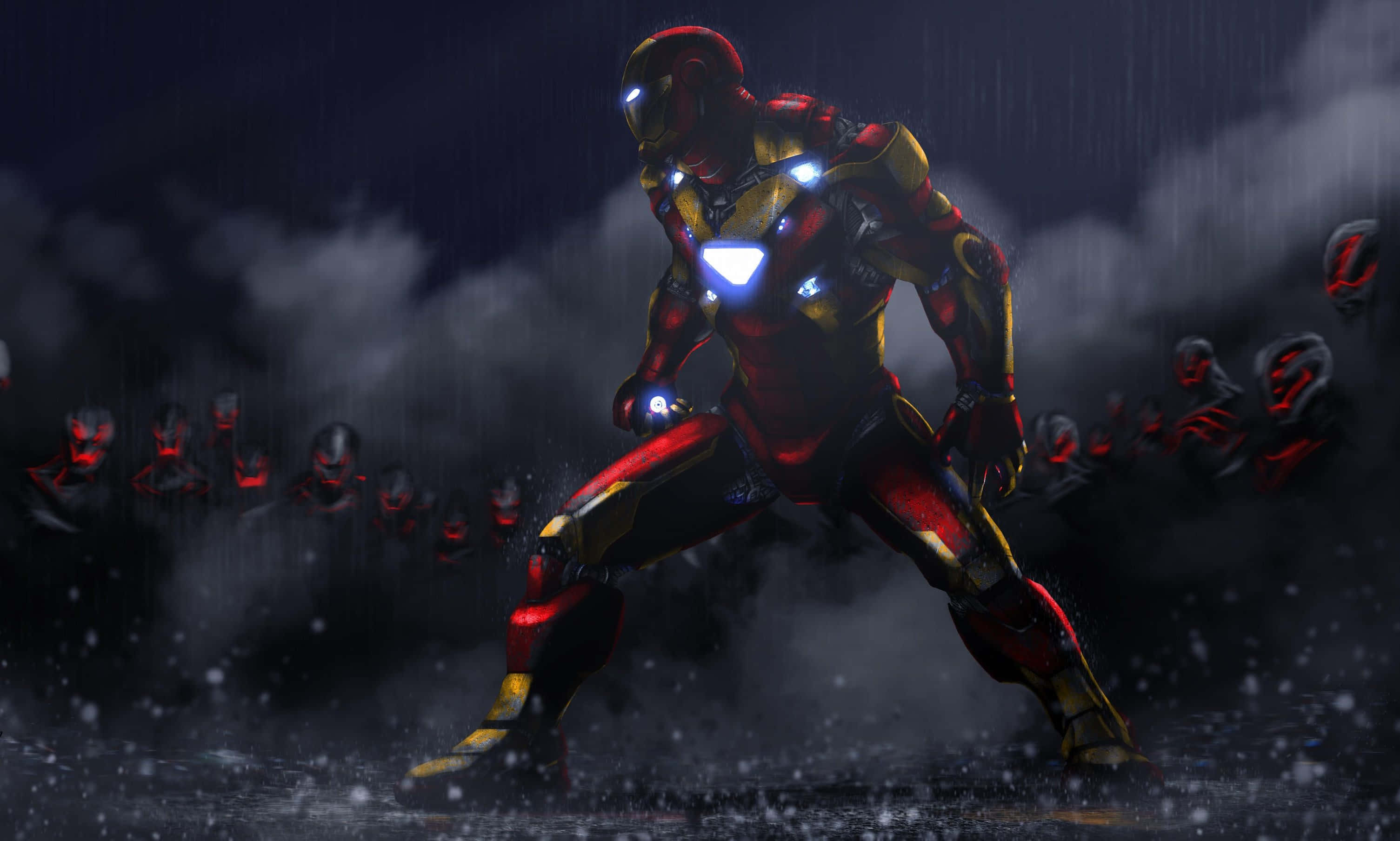 Iron Man, stormy night rain, glowing red enemy figures, 2K Desktop Wallpaper