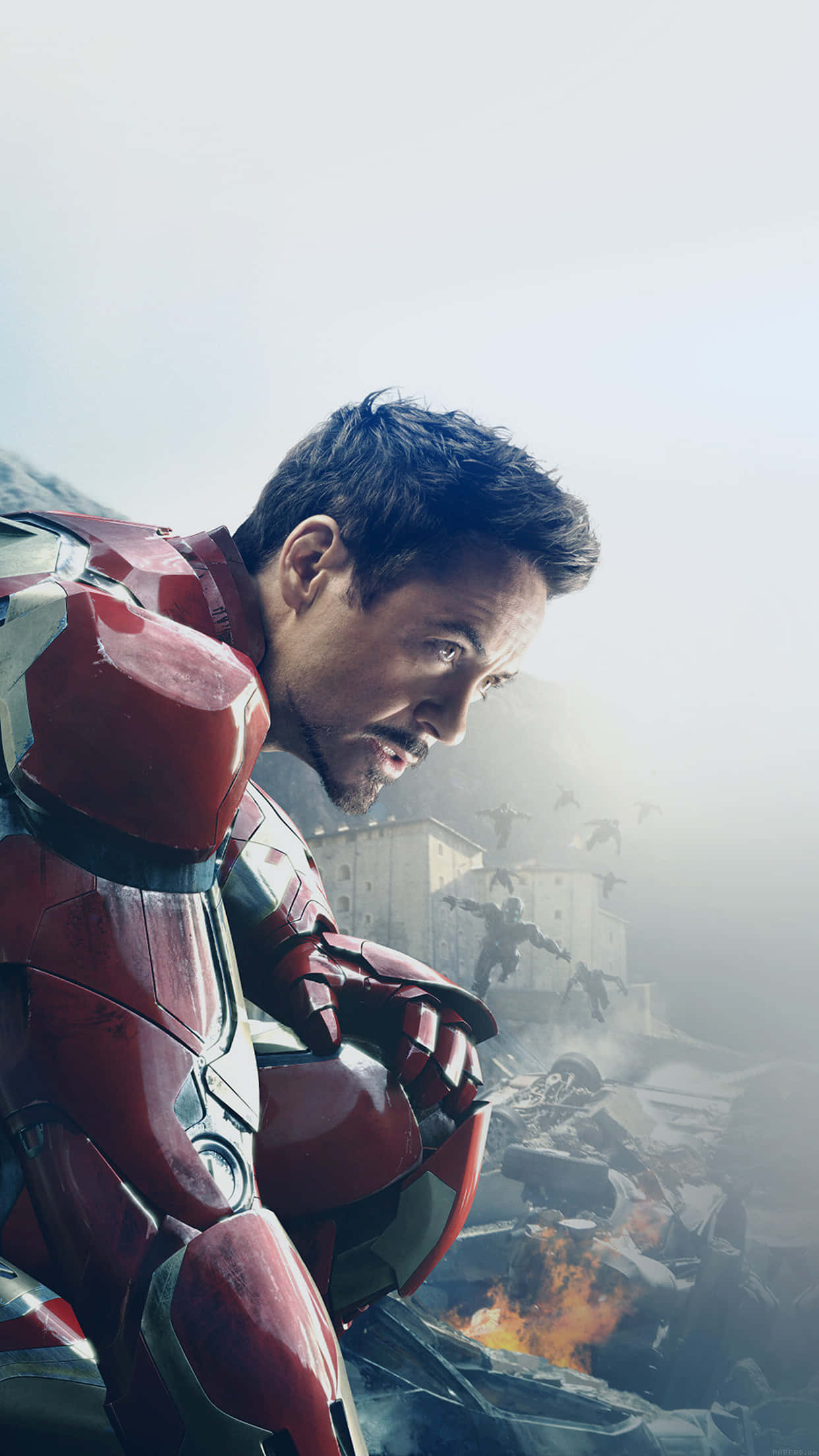 Iron Man, red and gold armored suit, battlefield, Full HD Phone Wallpaper