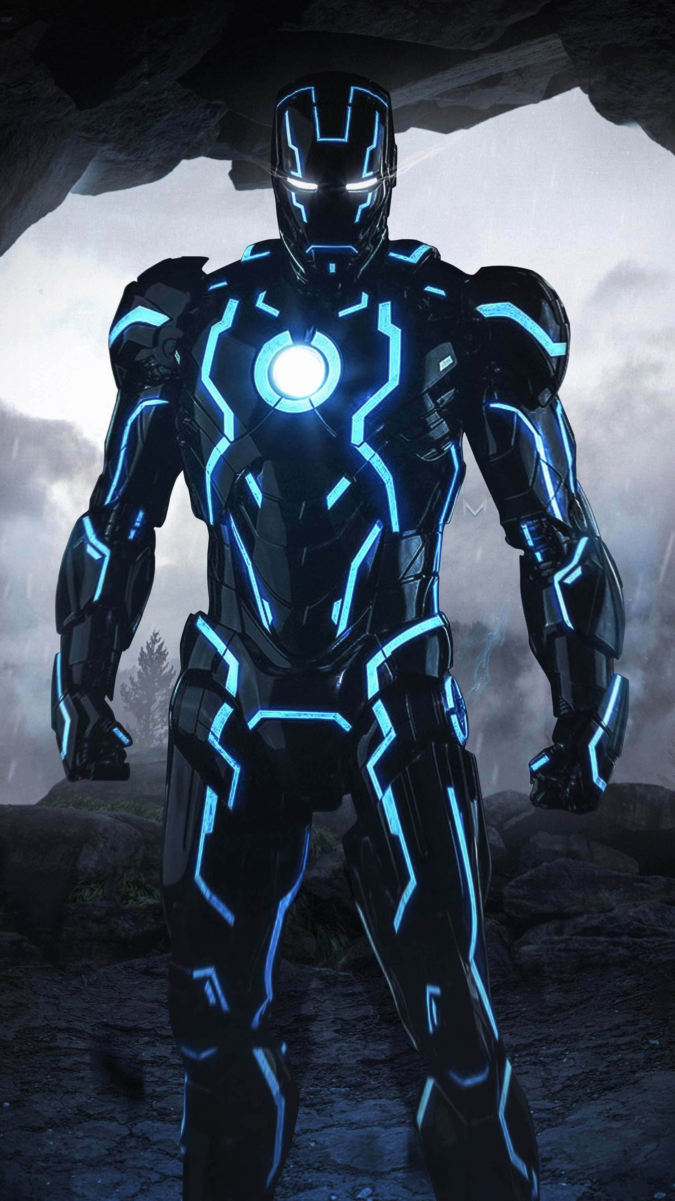 Iron Man Suit, glowing blue circuit lines, misty cave entrance, 4K Phone Wallpaper