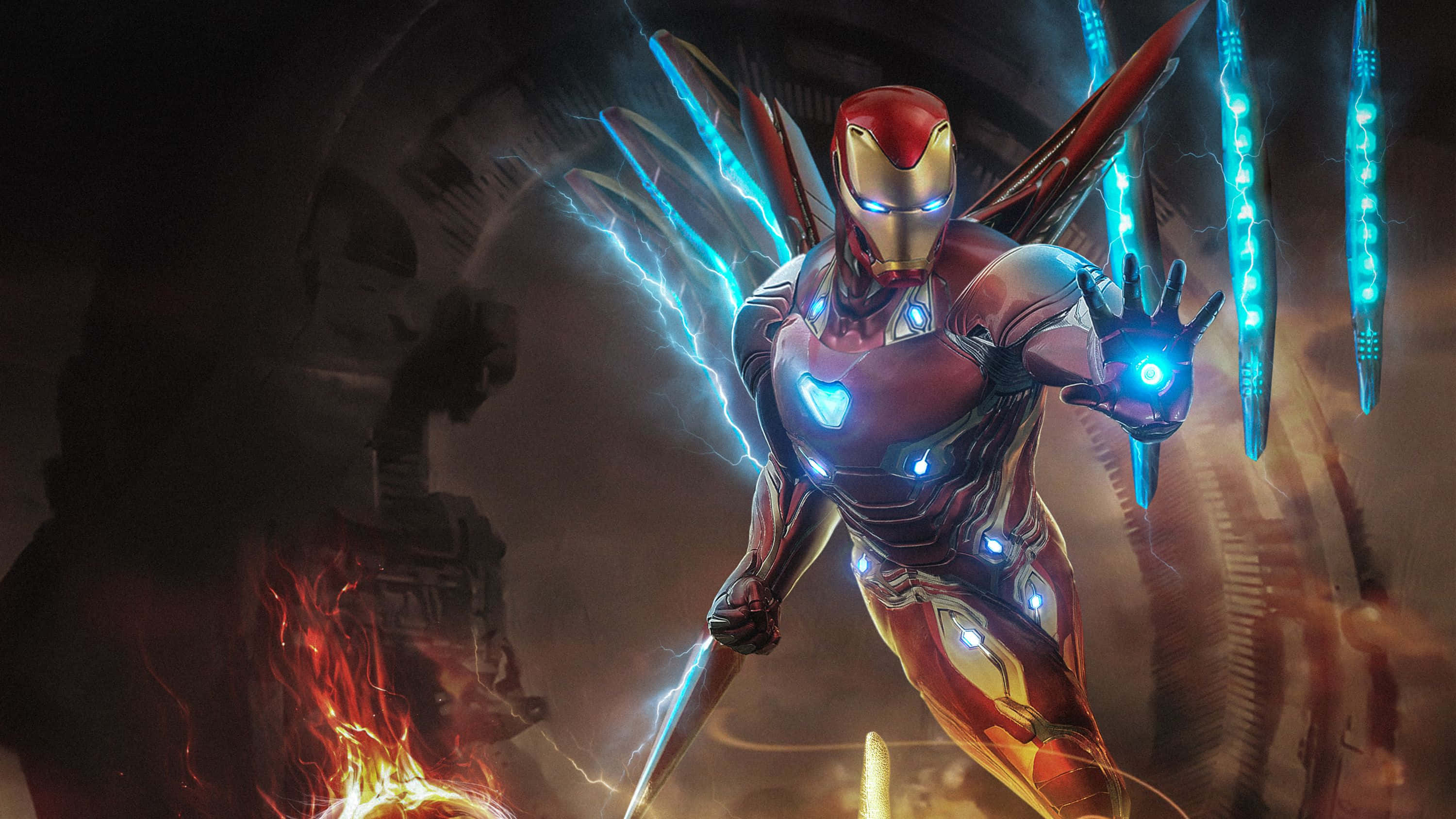 Iron Man suit, red gold armor, electric blue energy, 2K Desktop Wallpaper