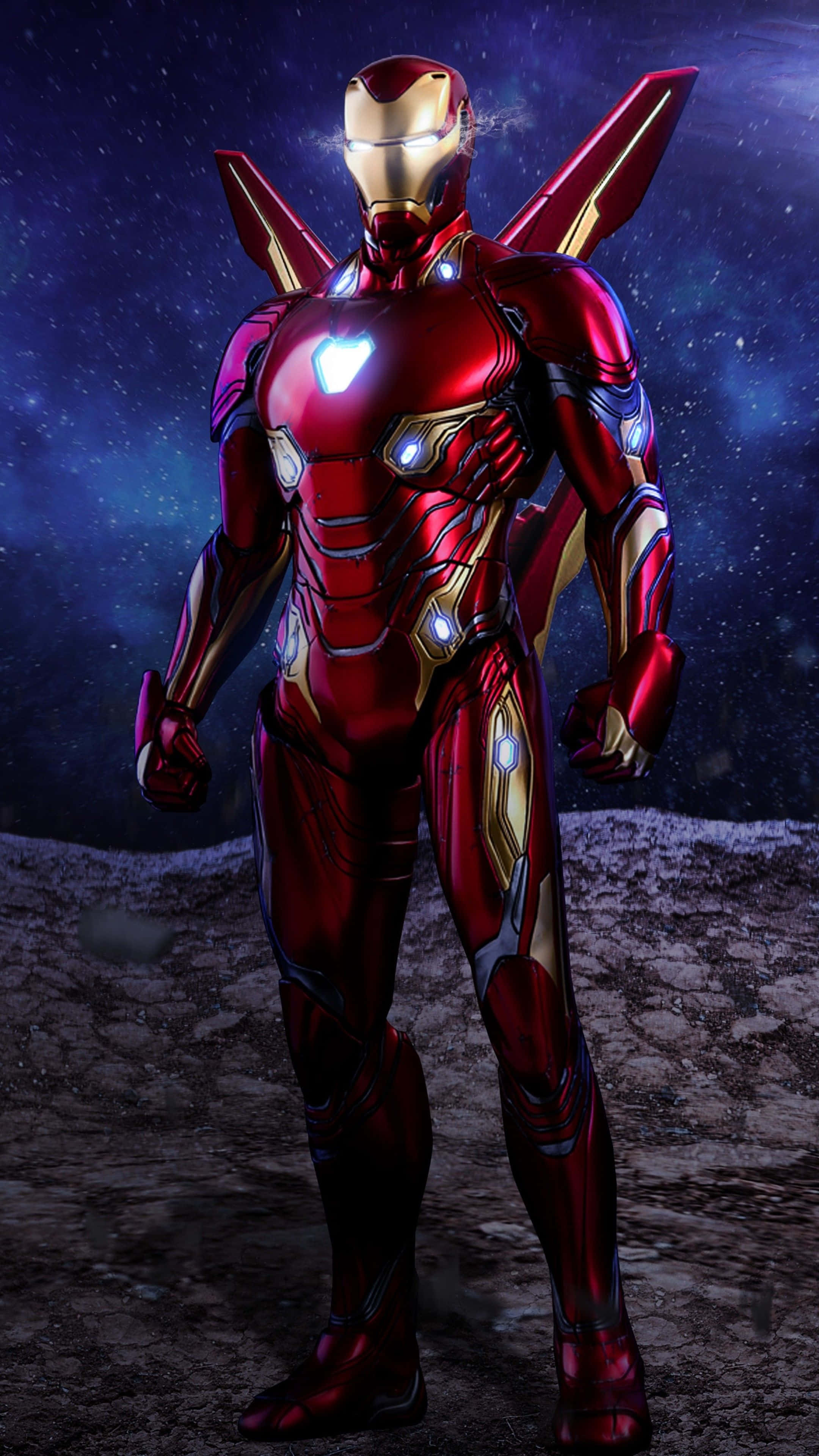 Iron Man Suit, lunar surface, starry cosmic sky, 4K Phone Wallpaper