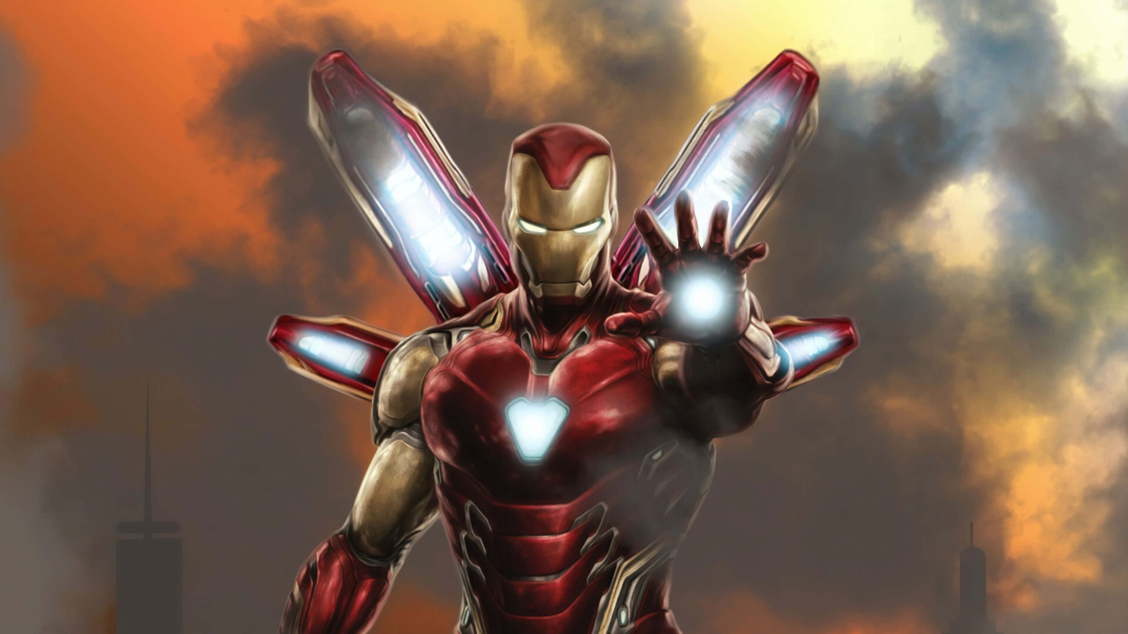Iron Man Suit, repulsor beams, fiery orange and gray stormy sky, 4K Desktop Wallpaper