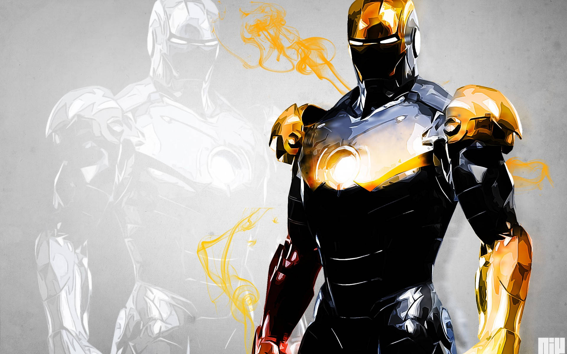 Iron Man, black and gold armor, glowing arc reactor, Full HD Desktop Wallpaper