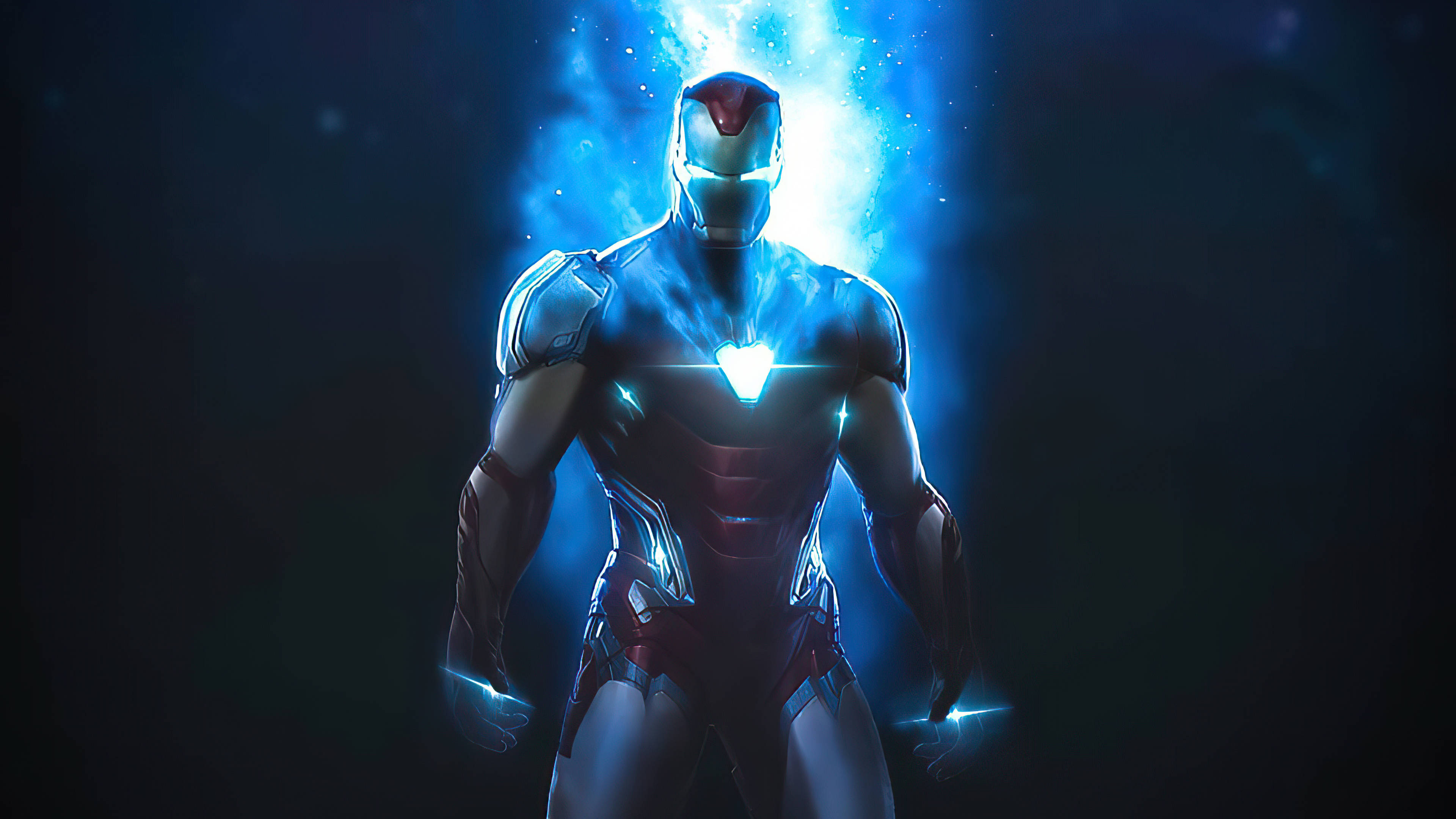 Iron Man, blue energy burst, chest arc reactor, 4K Desktop Wallpaper