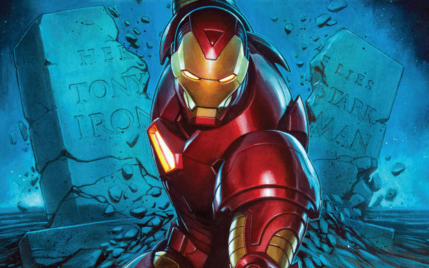 Iron Man, tombstone, blue-lit scene, HD Desktop Wallpaper