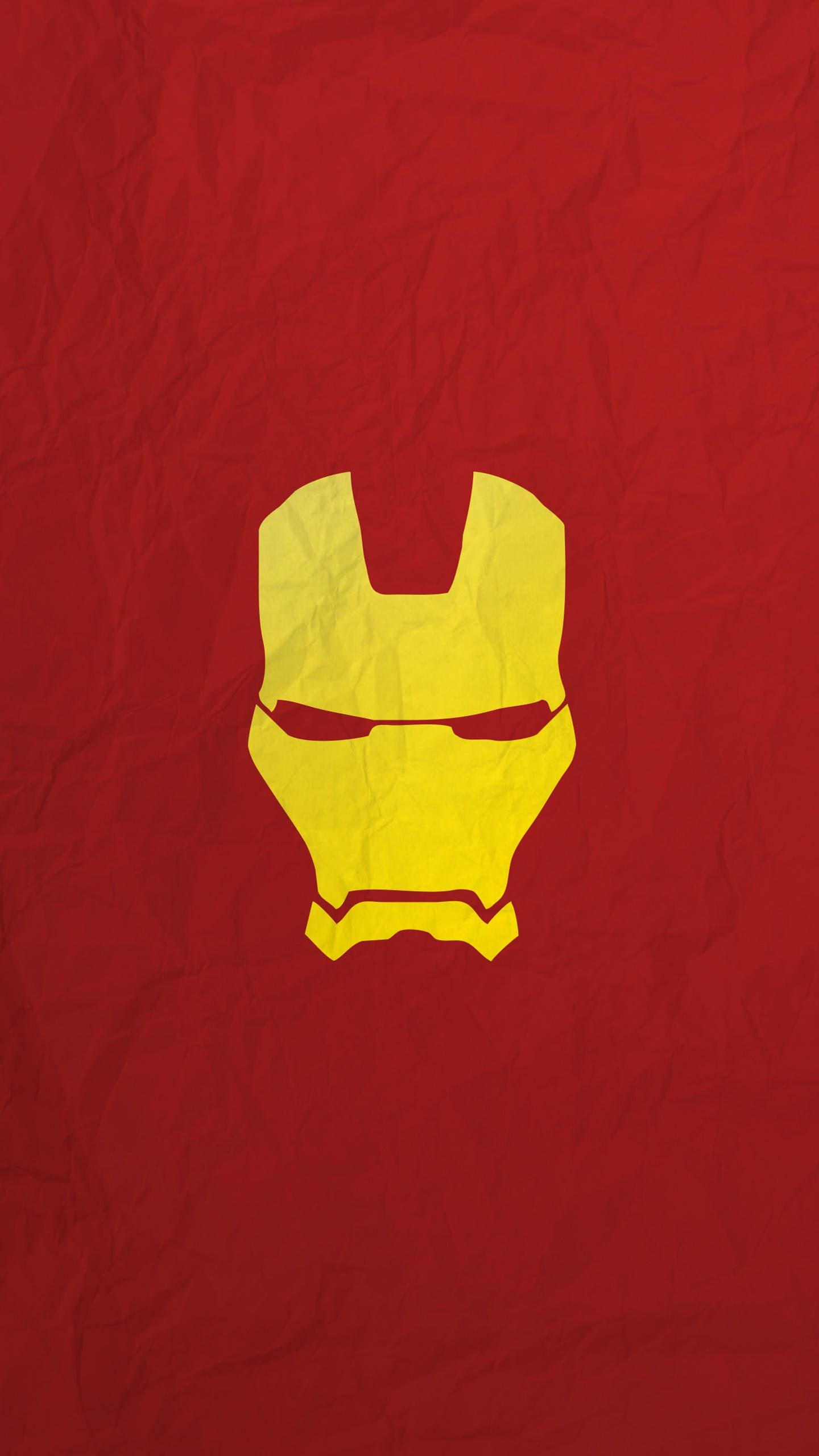 Iron Man, yellow Iron Man helmet silhouette, textured red crumpled paper background, 2K Phone Wallpaper