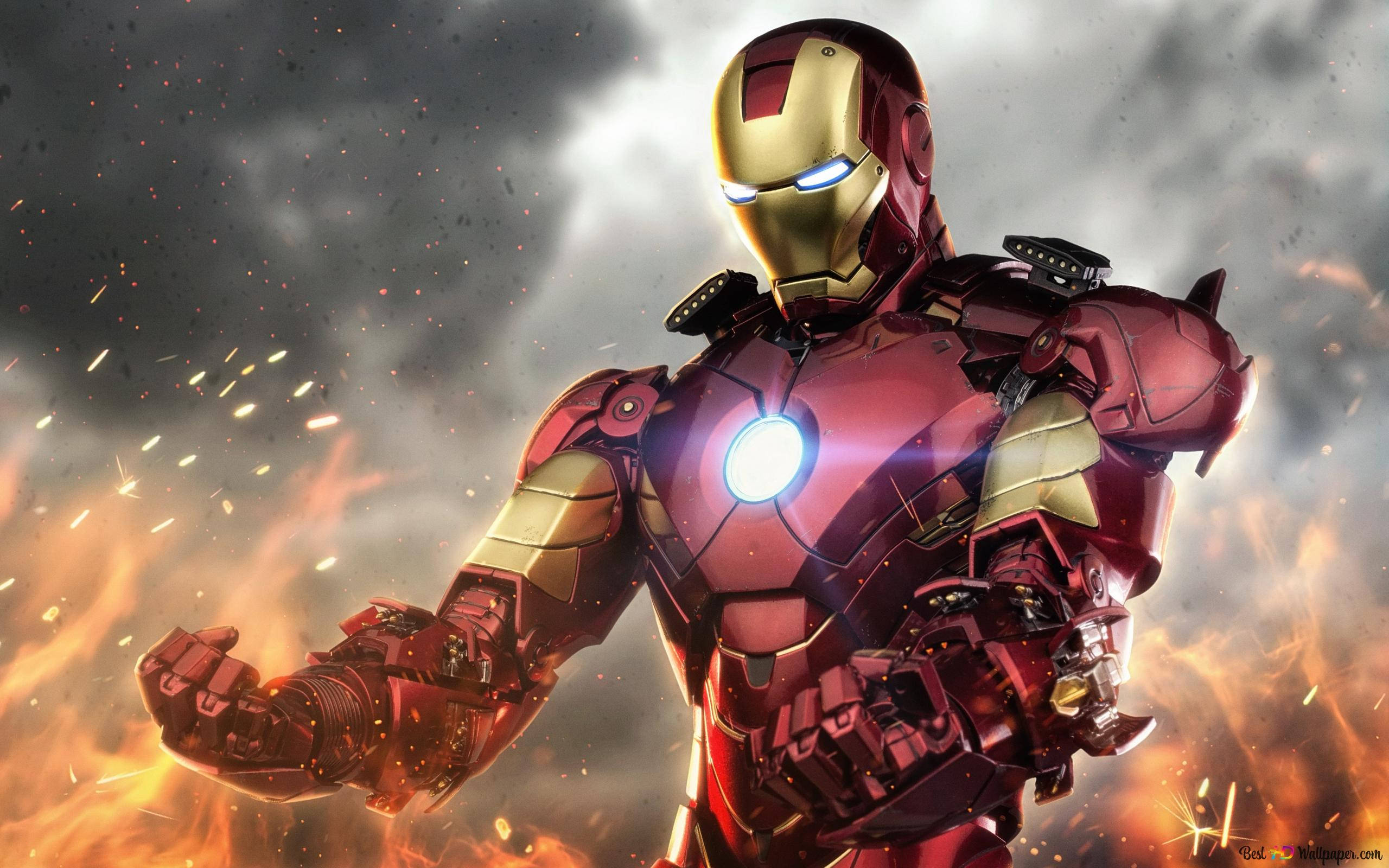 Iron Man, blazing flames, fiery battlefield, 2K Desktop Wallpaper
