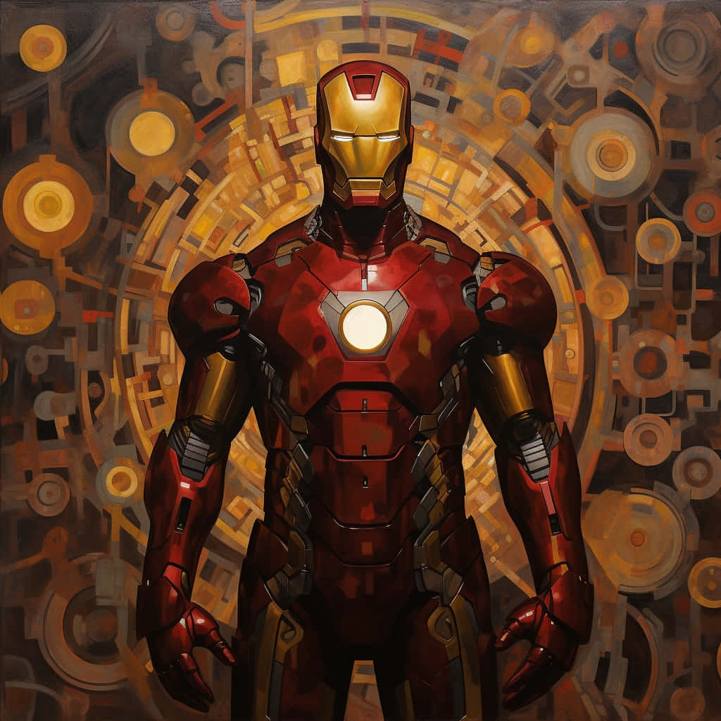 Iron Man, golden mechanical background, glowing circular patterns, SD Desktop Wallpaper