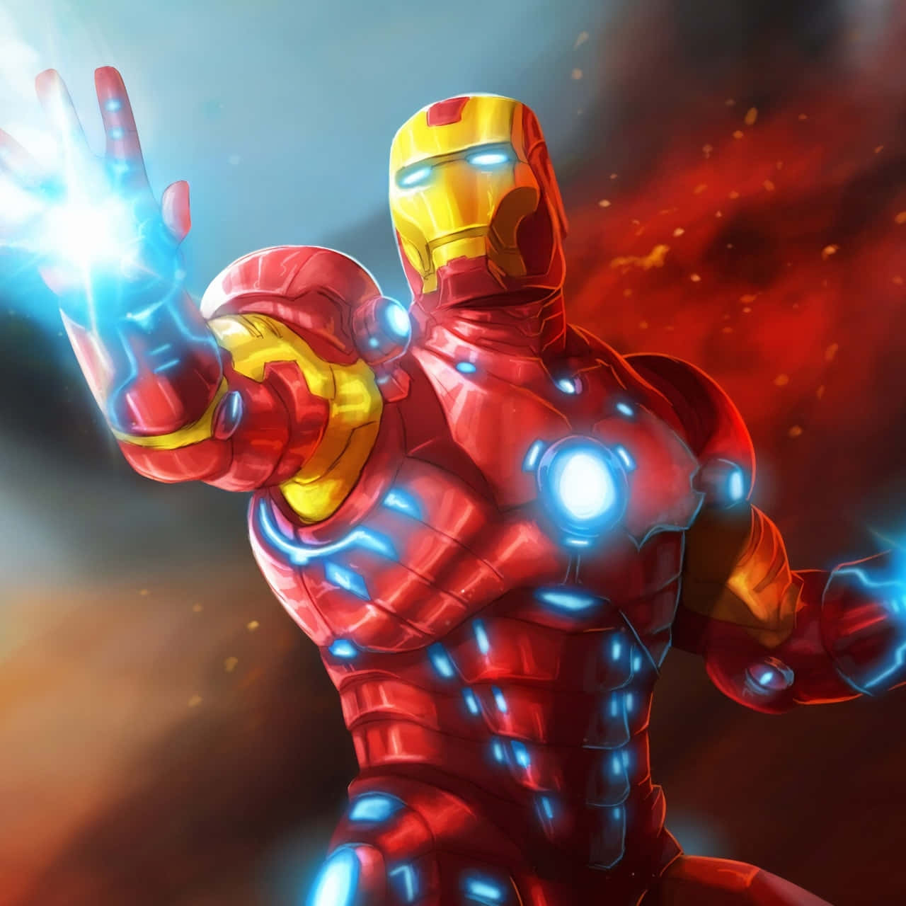 Iron Man, red and gold armor, bright blue repulsor blast, HD Desktop Wallpaper