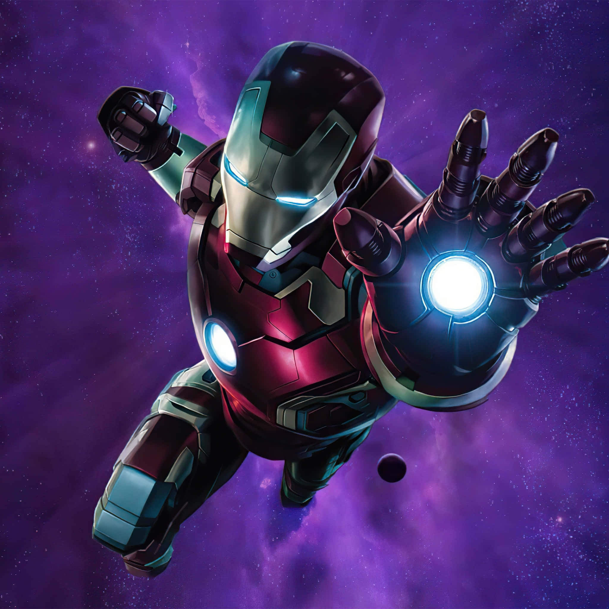Iron Man, vibrant purple nebula, glowing repulsors, Full HD Desktop Wallpaper