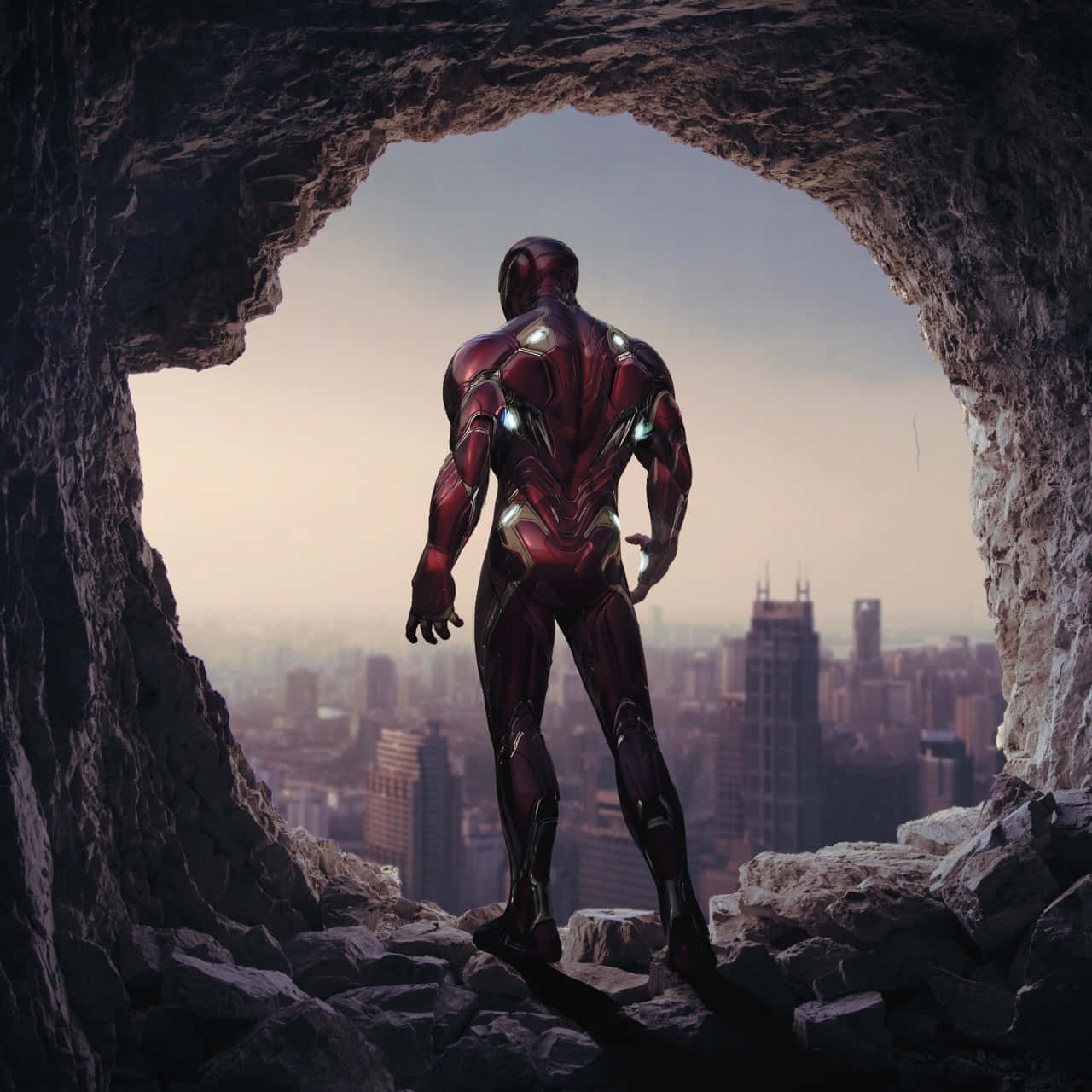 Iron Man, cave entrance, cityscape, HD Desktop Wallpaper