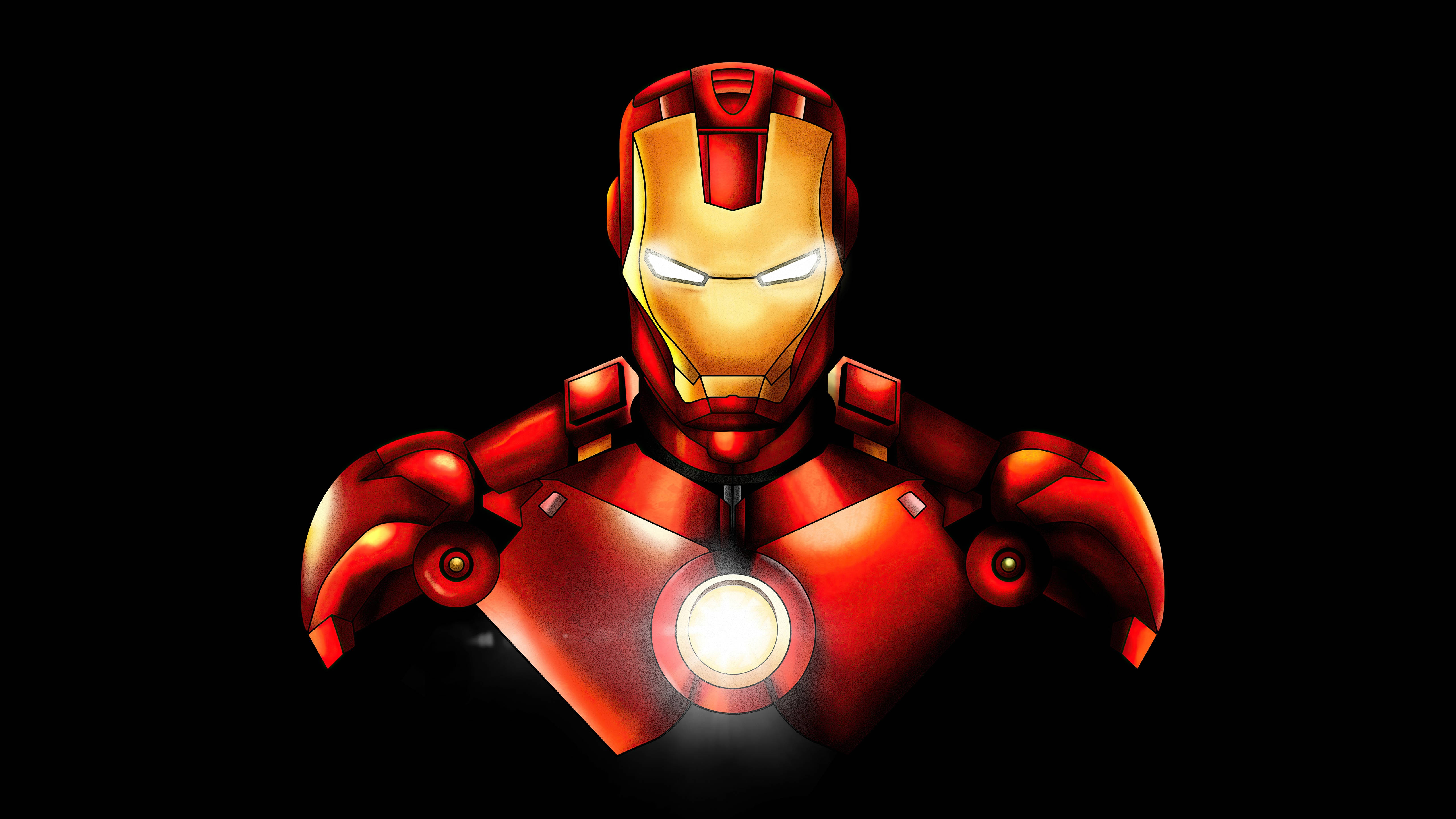 Iron Man, red and gold armored torso, glowing chest arc reactor, 5K Desktop Wallpaper