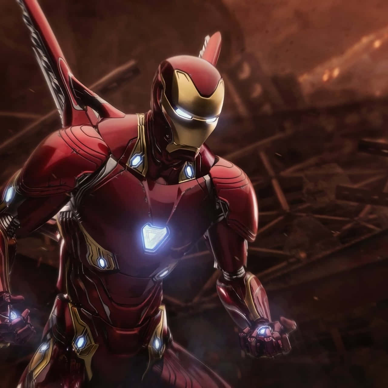 Iron Man, red and gold armor, glowing blue lights, HD Desktop Wallpaper