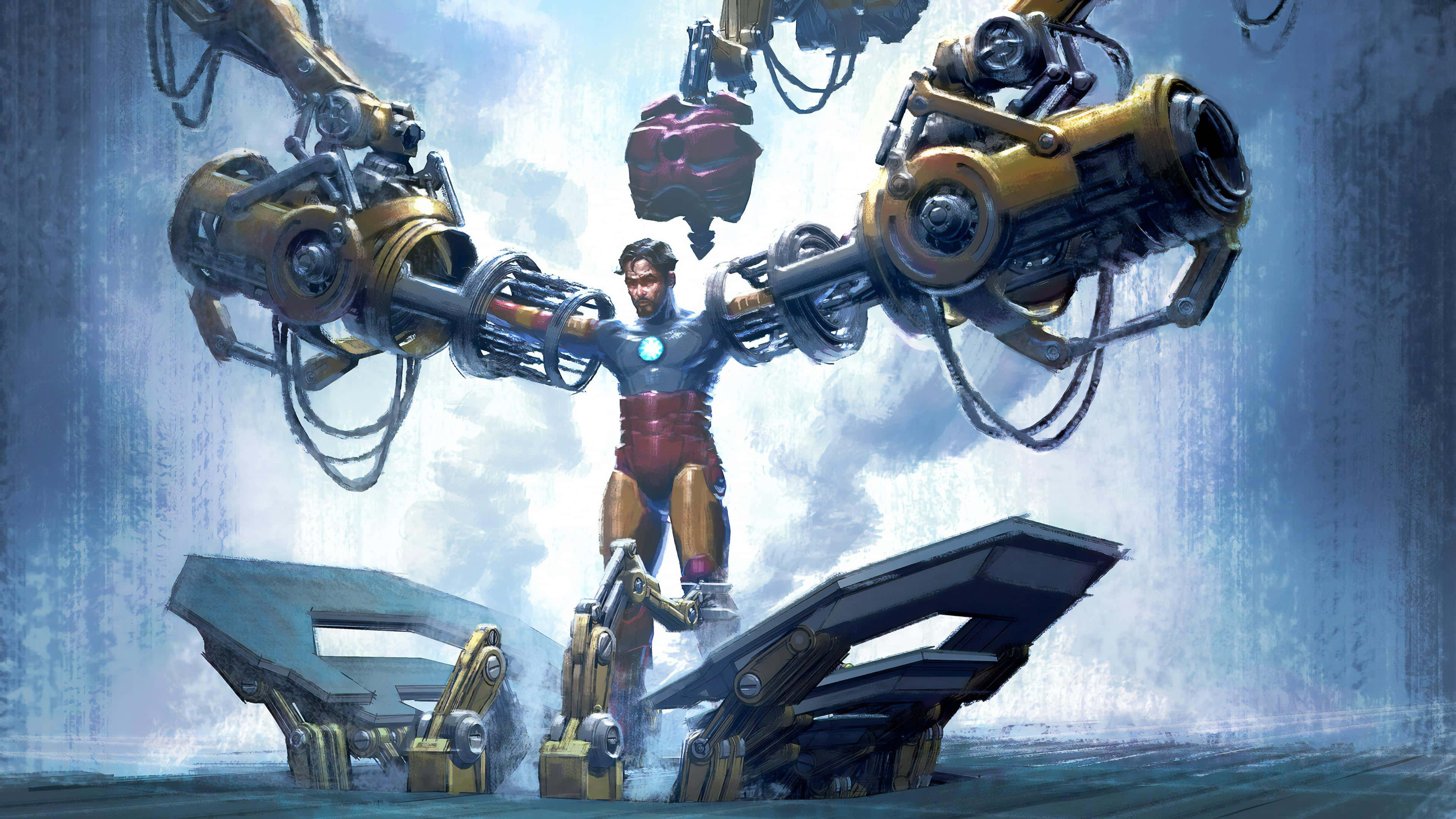 Iron Man, massive mechanical arms, stormy sky, 4K Desktop Wallpaper