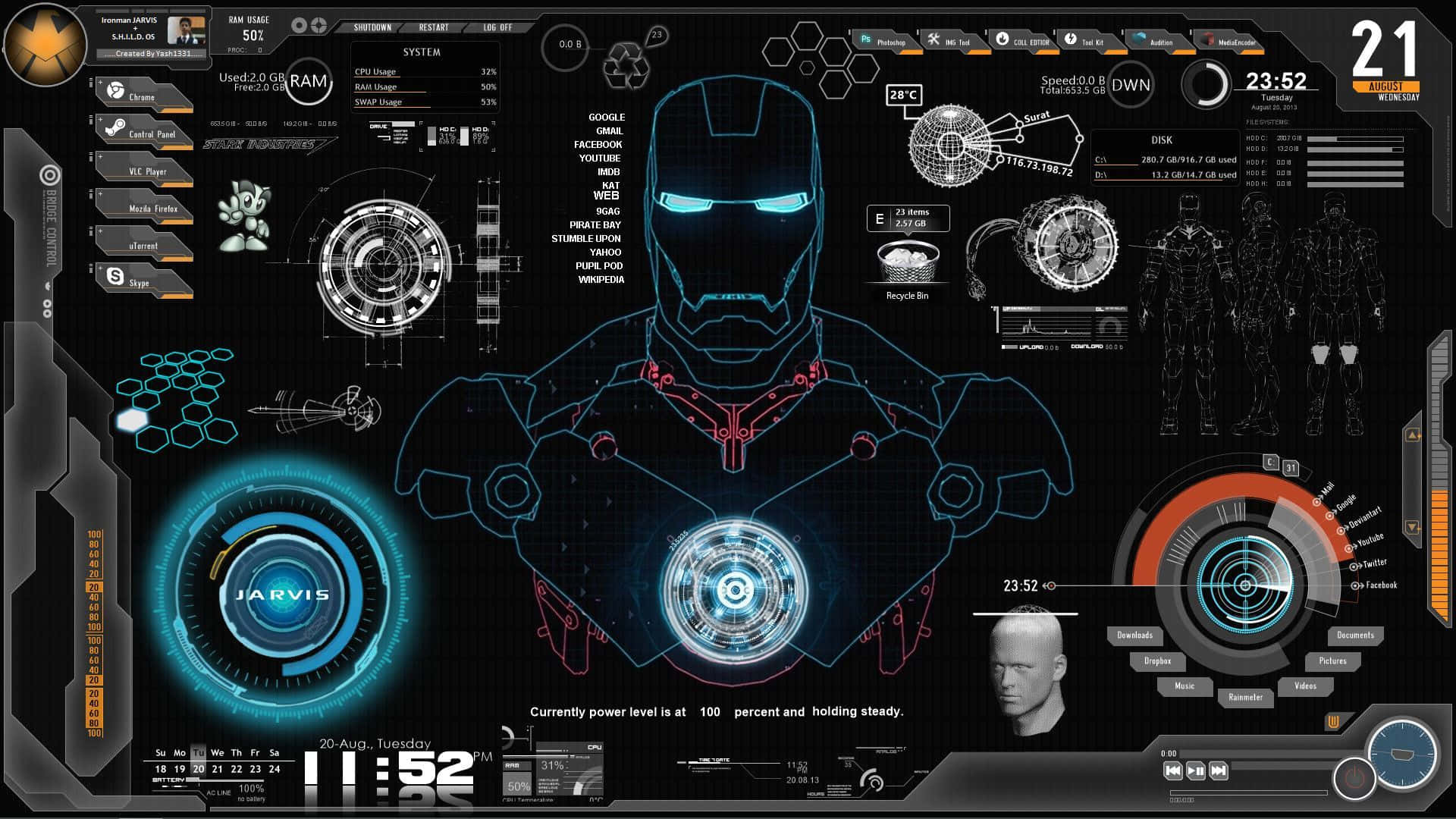 Iron Man, holographic interface, glowing blue schematics, Full HD Desktop Wallpaper