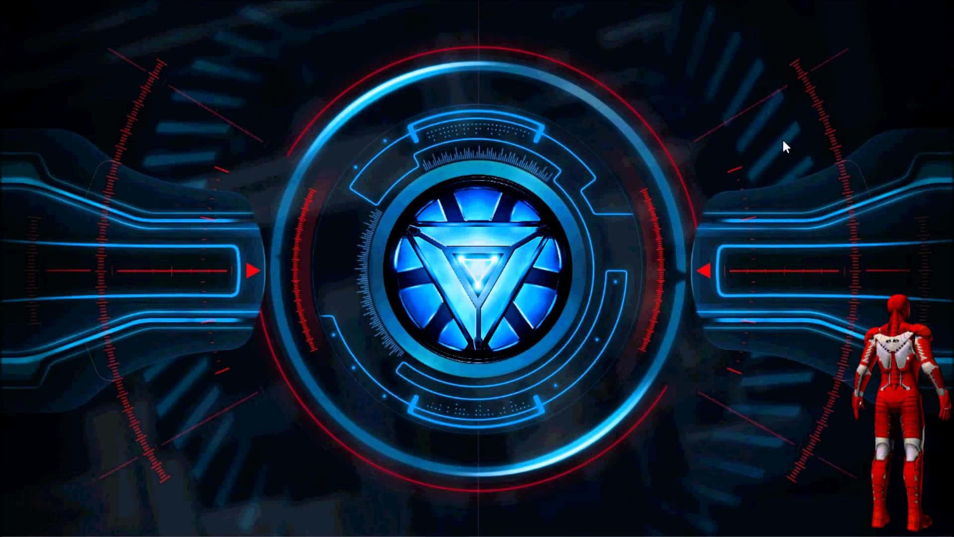 Iron Man Technology, red armored figure, glowing blue and red circular sci-fi interface, Full HD Desktop Wallpaper