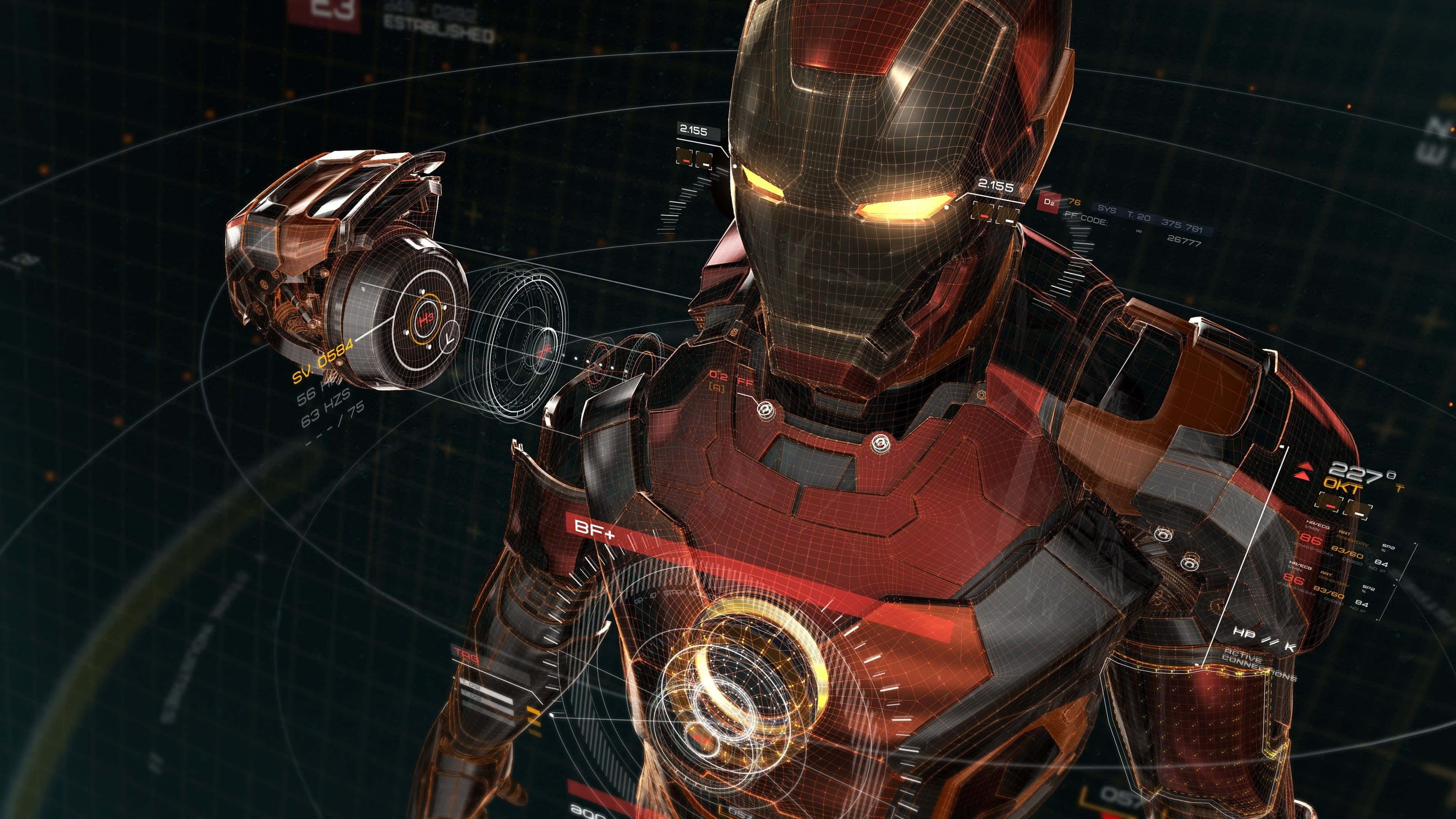 Iron Man, red and gold armor, glowing eyes, 4K Desktop Wallpaper