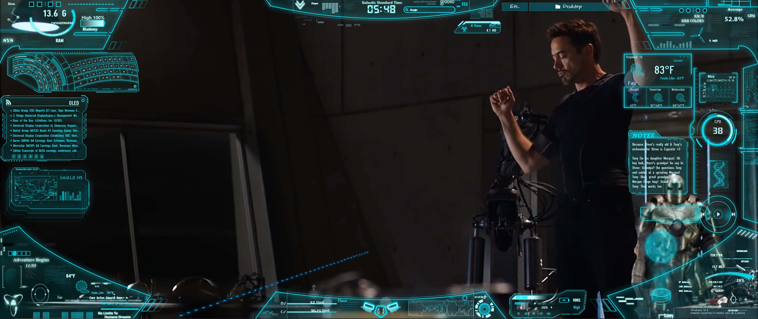 Iron Man Technology, glowing blue holographic interfaces, data and schematics, 2K Desktop Wallpaper