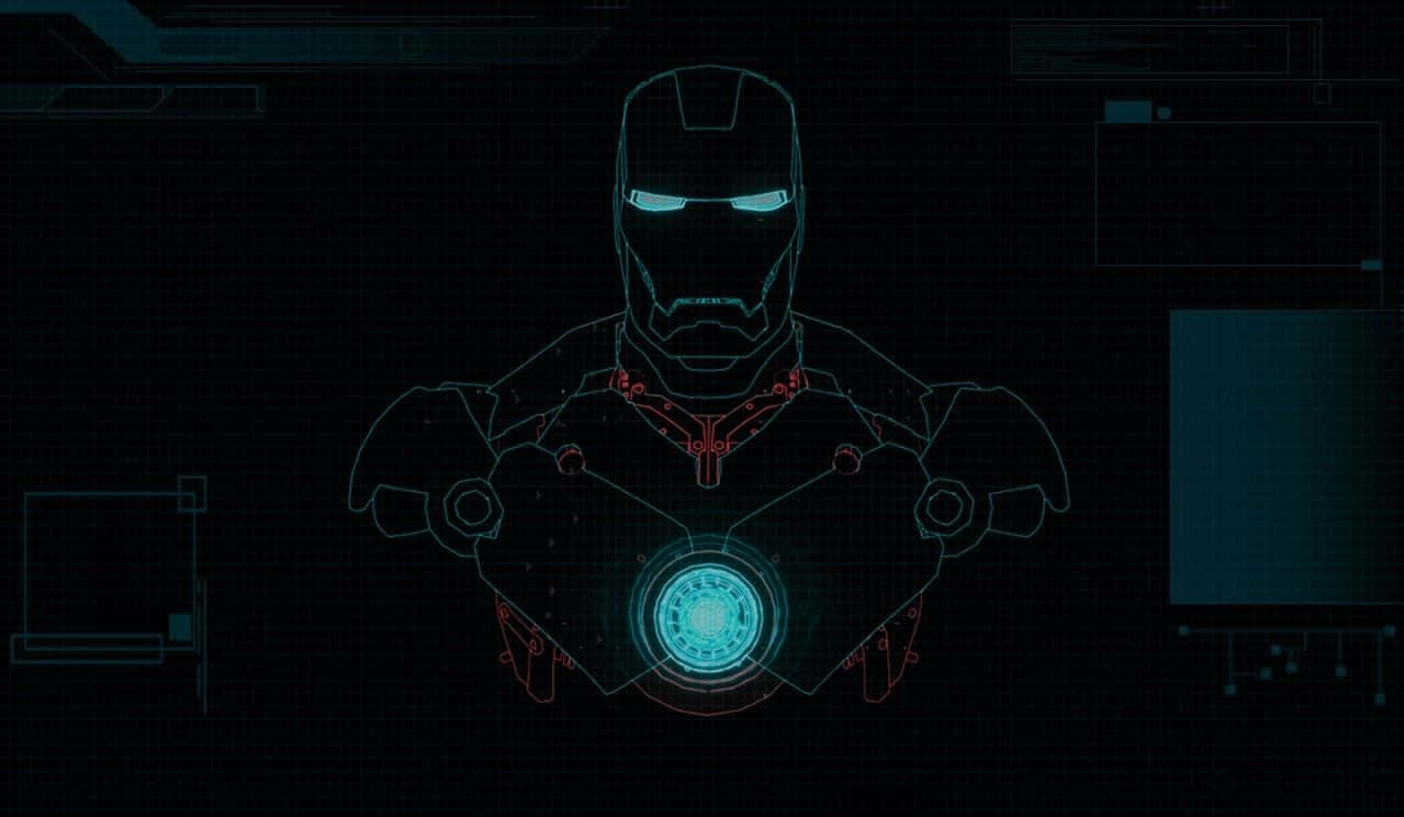 Iron Man Technology, glowing blue and red armored torso, dark digital grid interface, SD Desktop Wallpaper