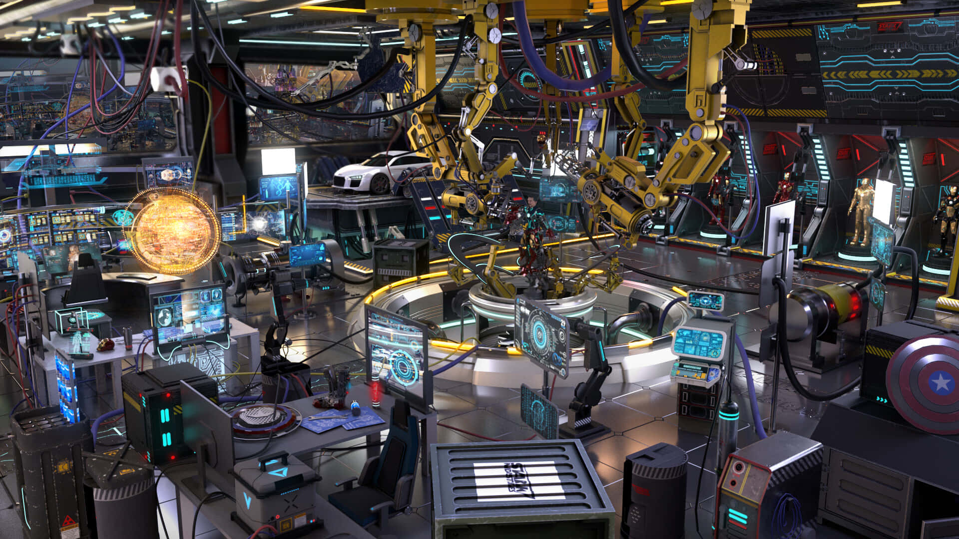 Iron Man Technology, robotic arms, glowing screens, Full HD Desktop Wallpaper