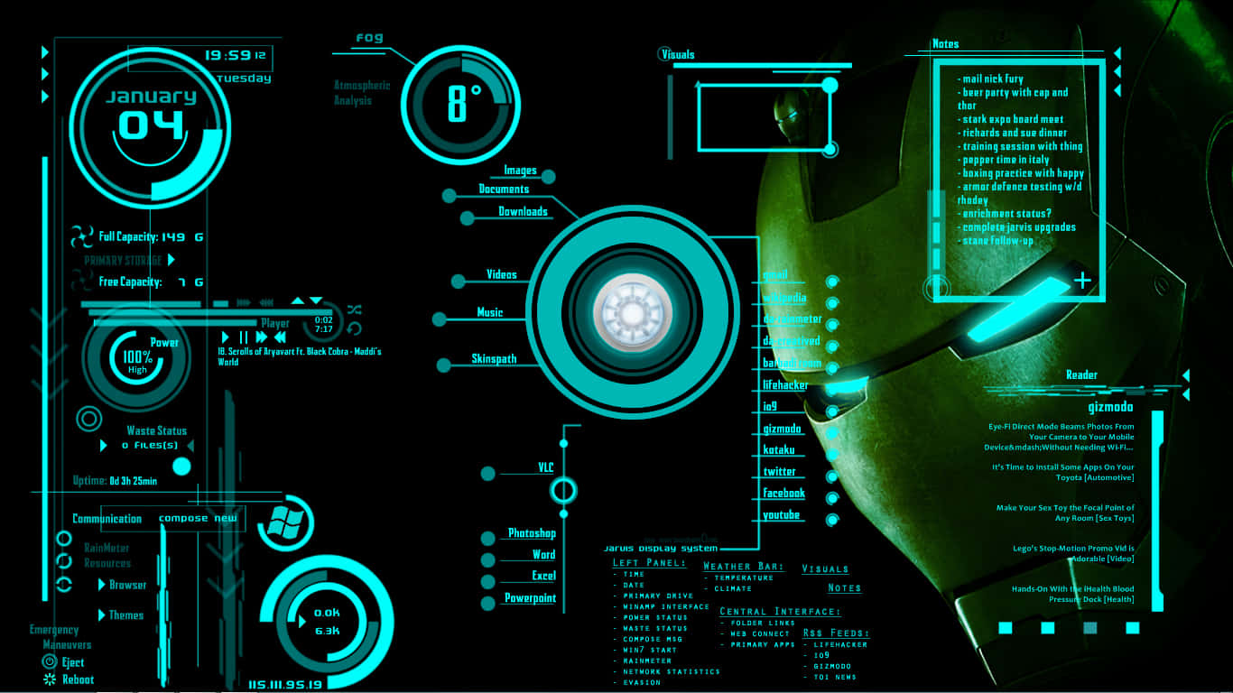 Iron Man Technology, green helmeted figure, dark background, HD Desktop Wallpaper