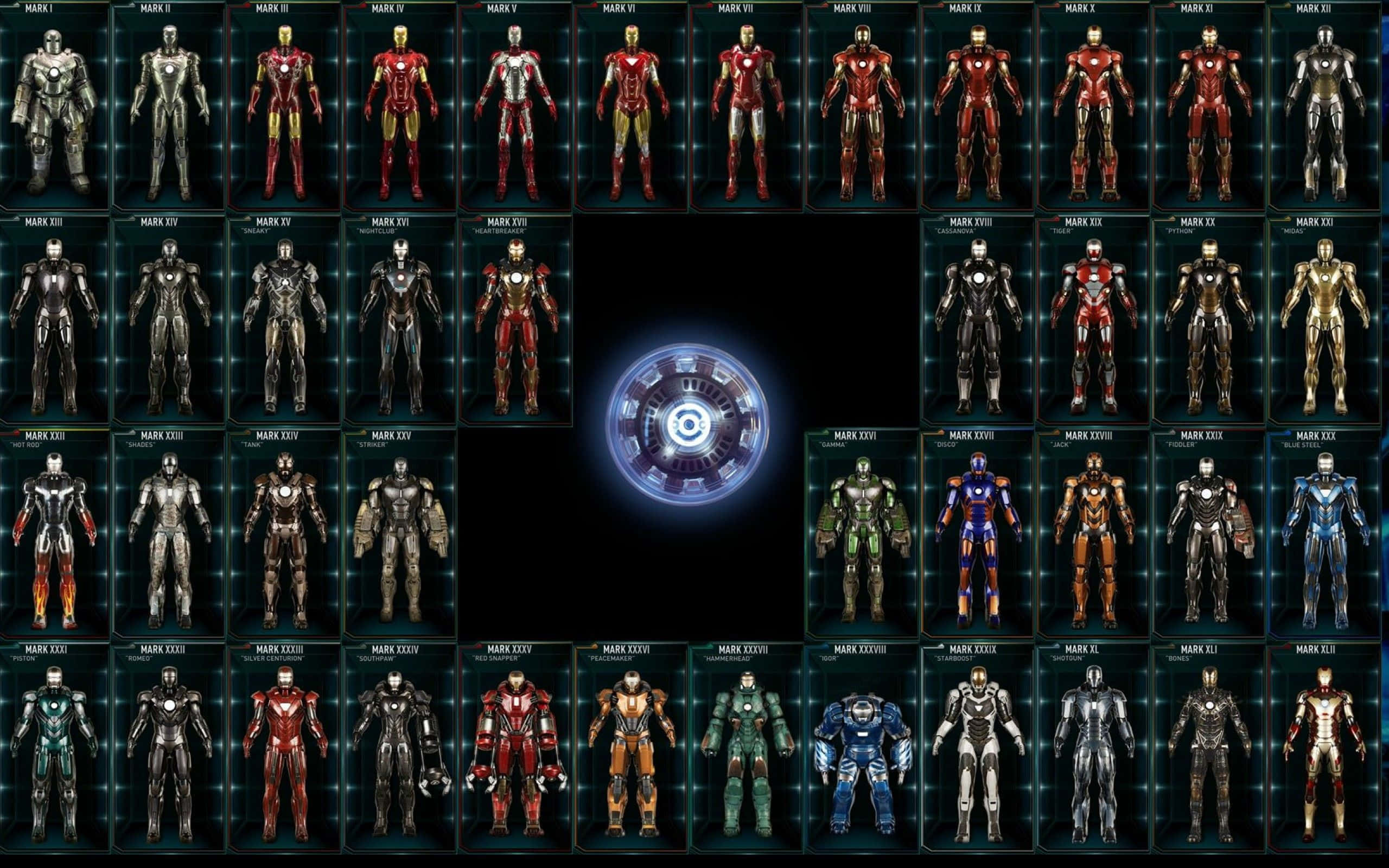 Iron Man suit, arc reactor, dark background, 2K Desktop Wallpaper