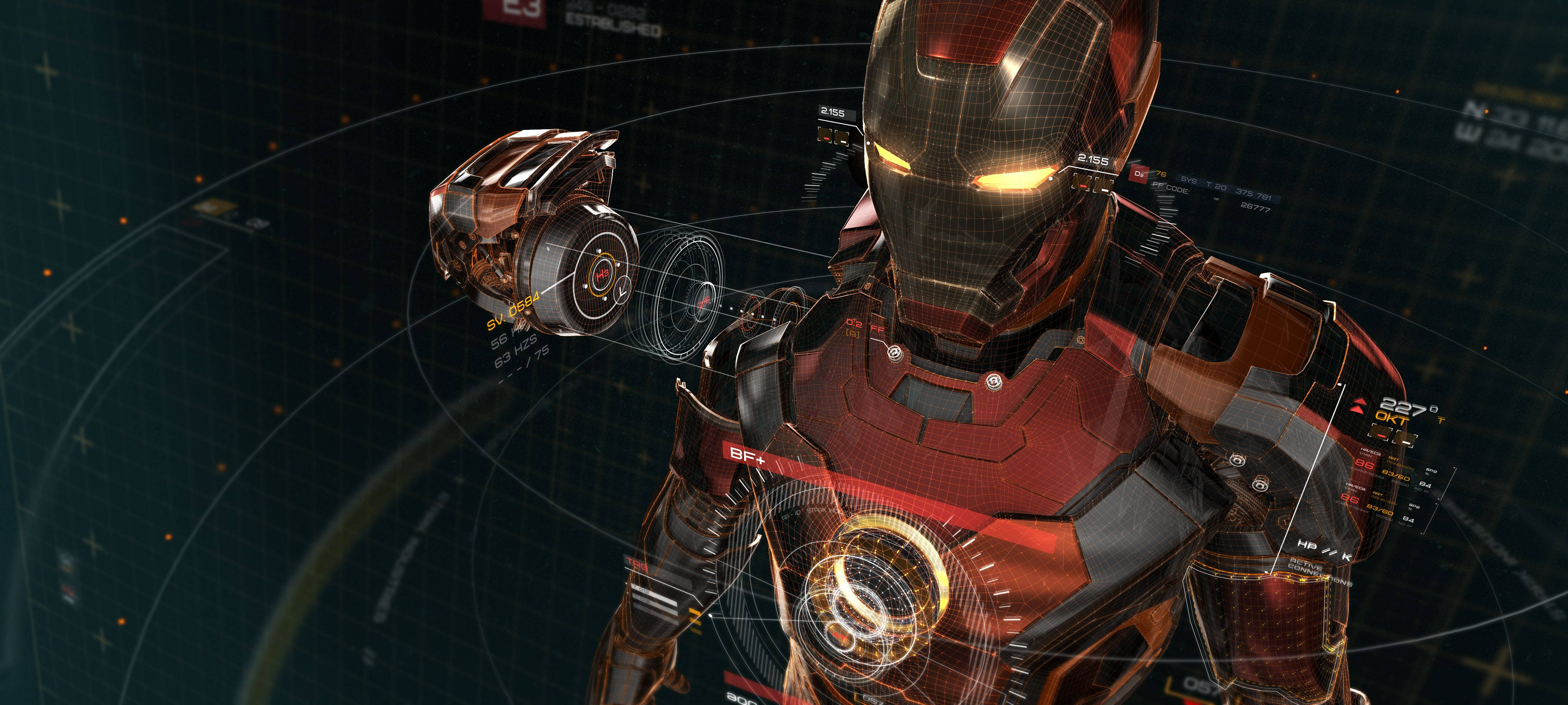 Iron Man, red and gold armor, dark grid interface, 4K Desktop Wallpaper